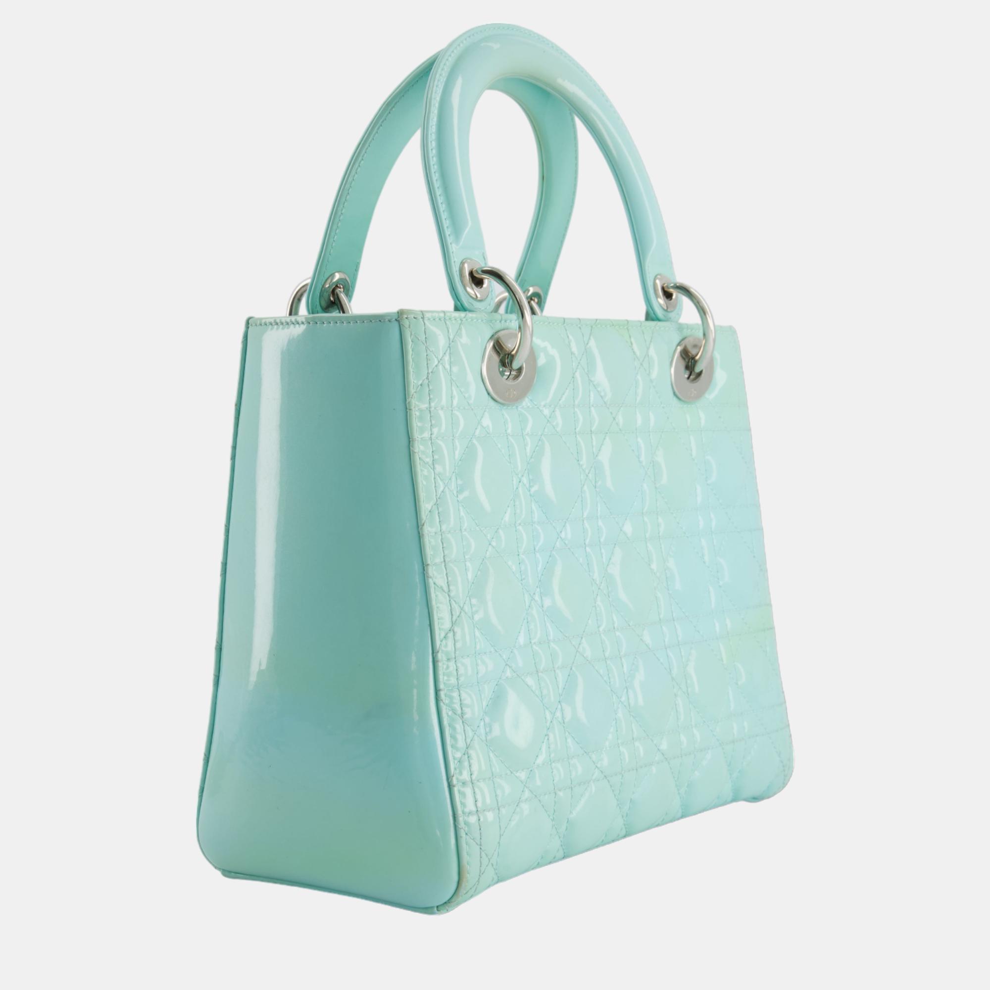 Christian Dior Tiffany Blue Medium Lady Dior Bag Patent With Silver Hardware