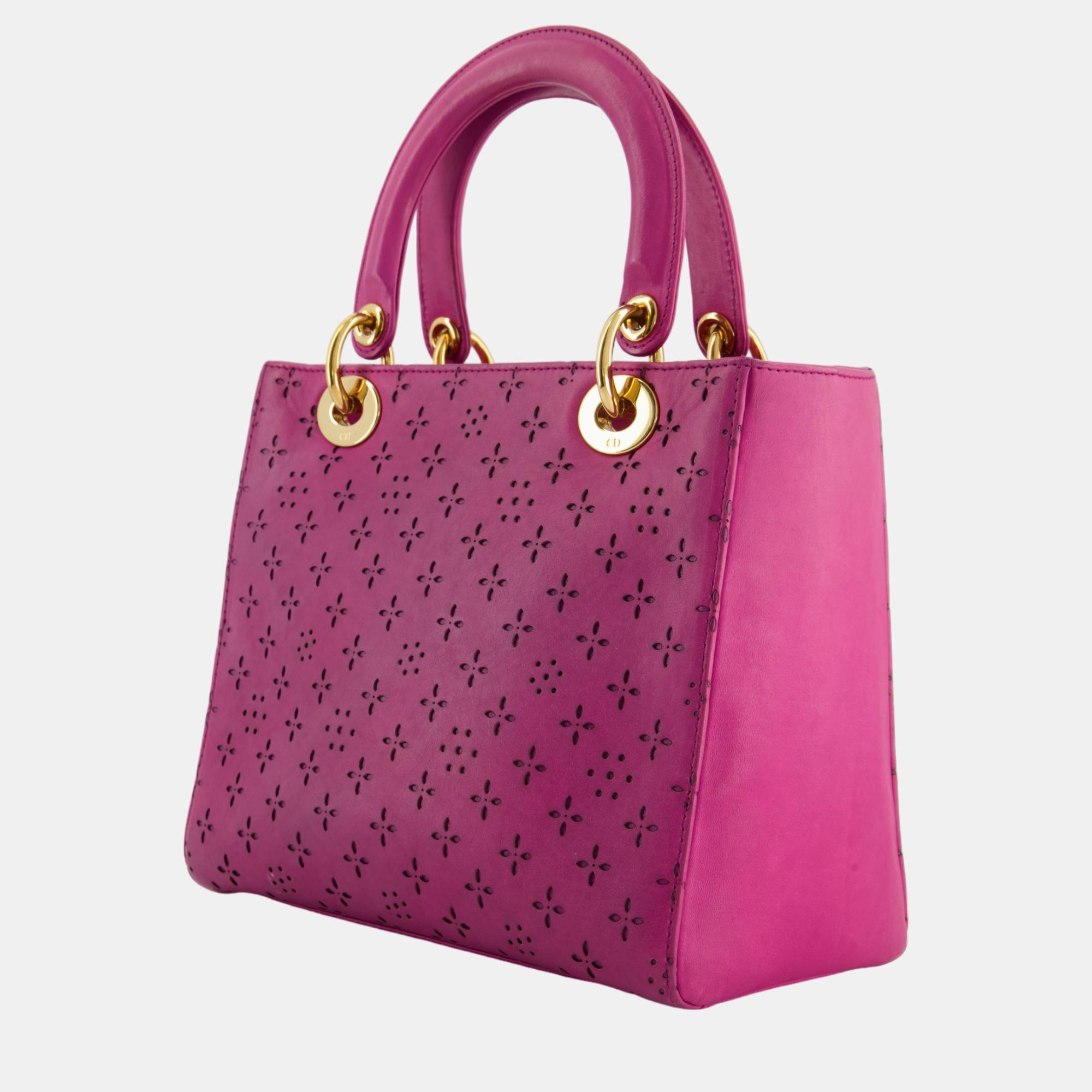 Christian Dior Vintage Medium Lady Dior Bag In Fuchsia Leather With Gold Hardware