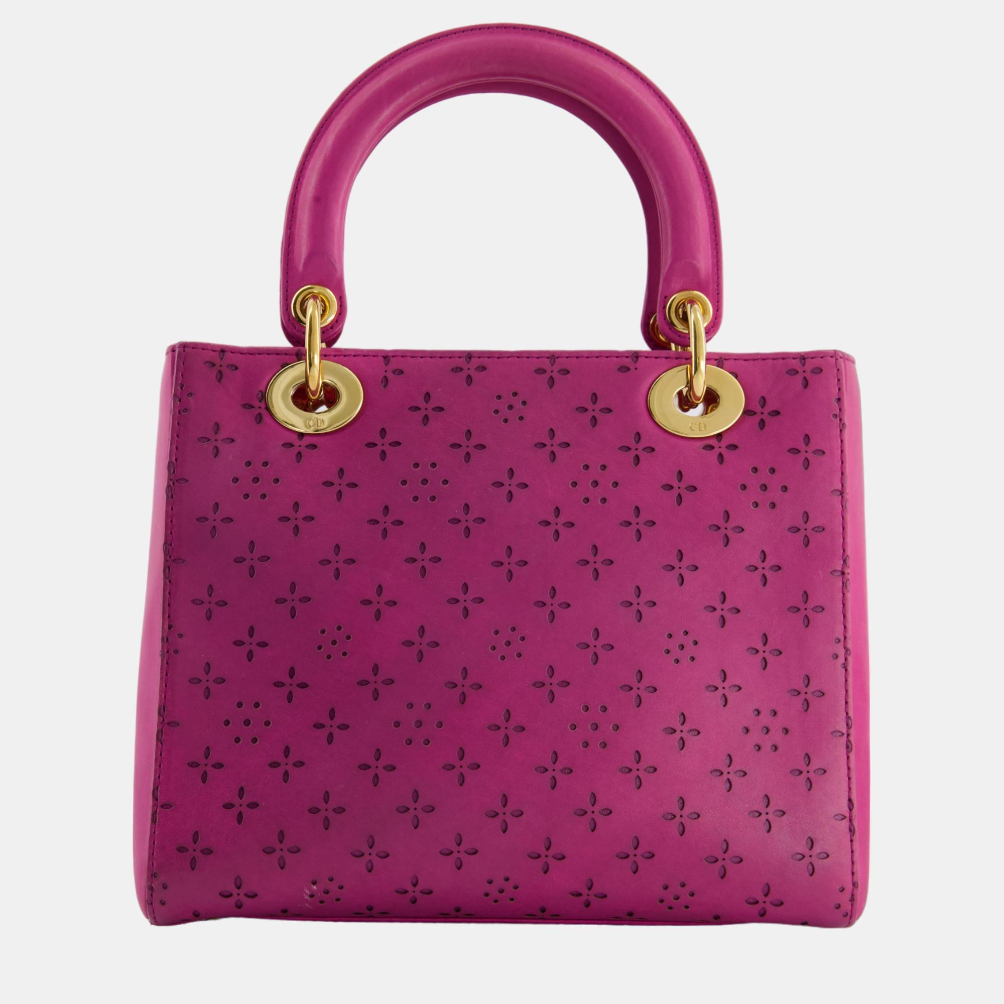 Christian Dior Vintage Medium Lady Dior Bag In Fuchsia Leather With Gold Hardware