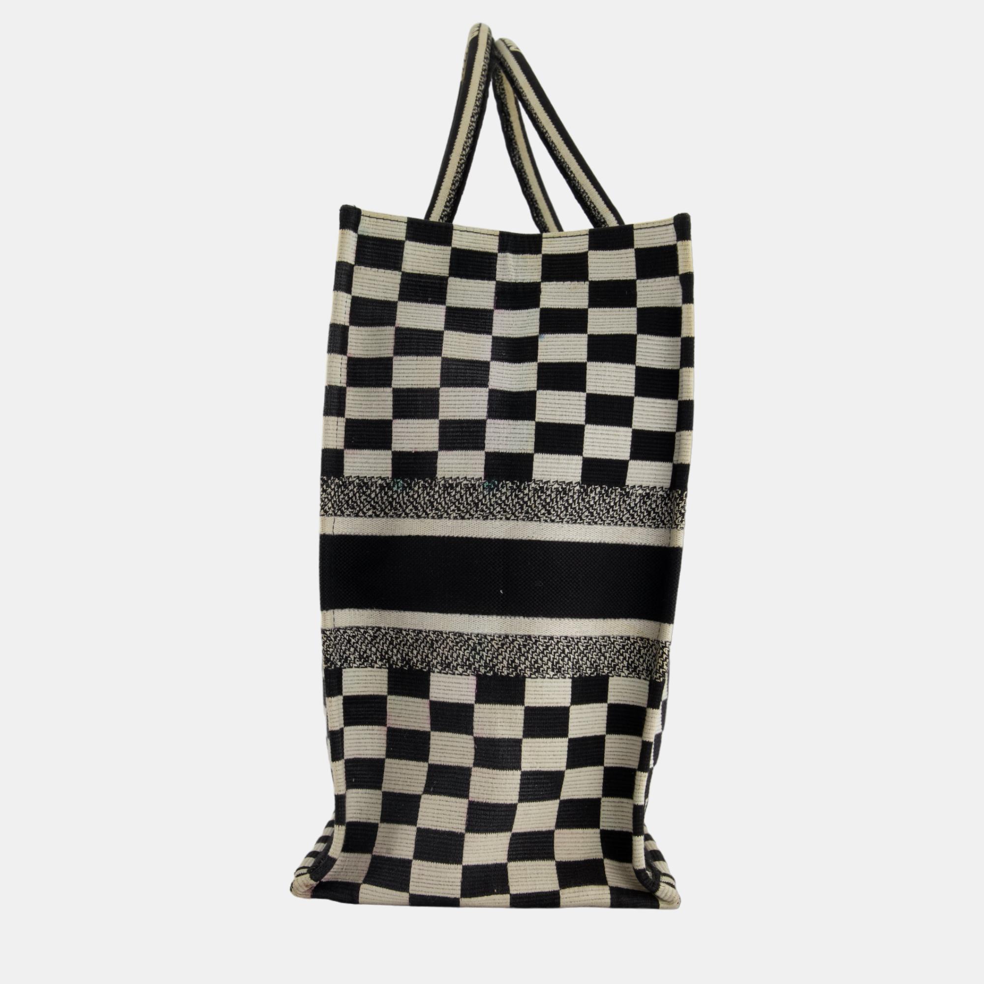 Christian Dior Large Black And White Chequered Book Tote Bag