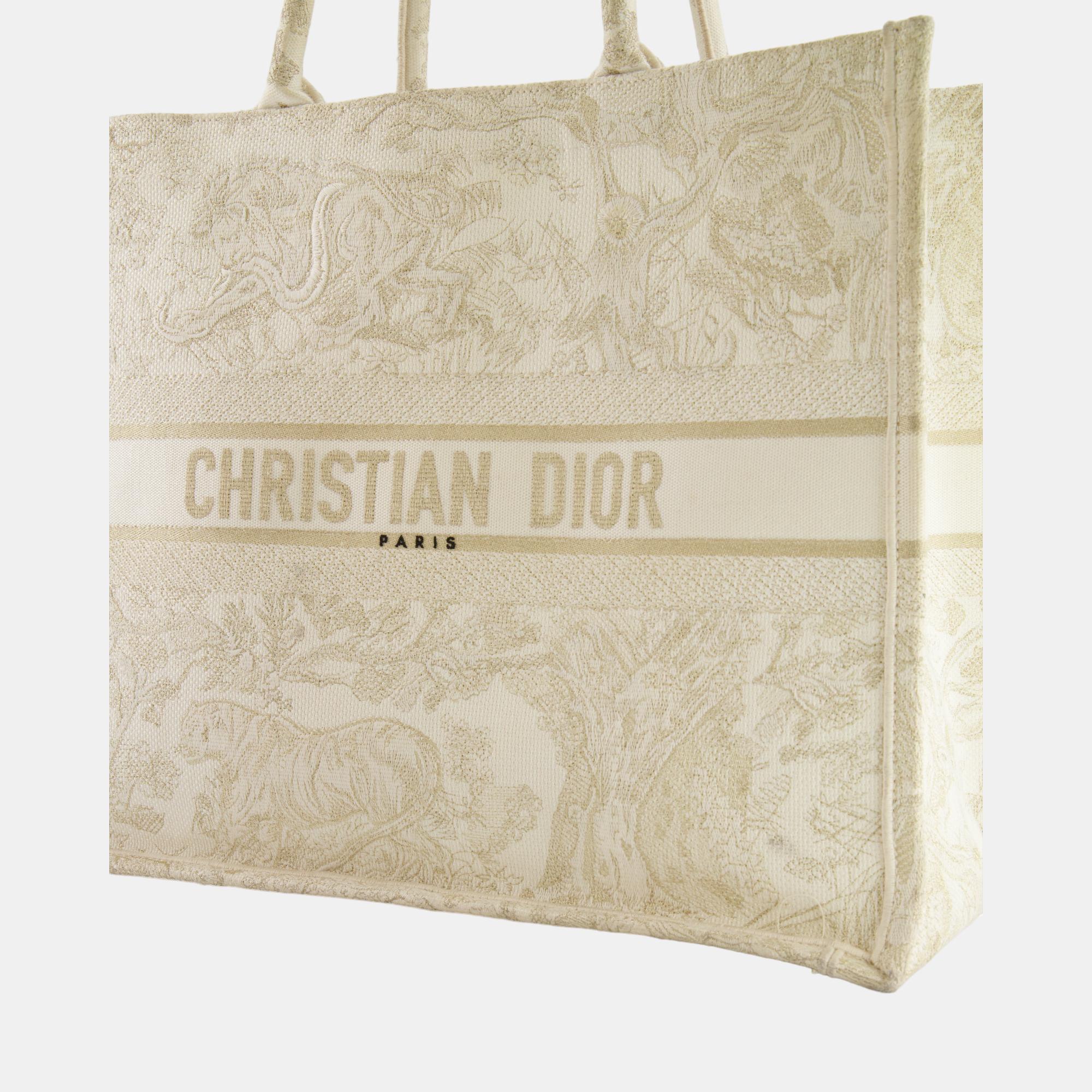 Christian Dior Cream And Gold Embroidered Large Book Tote Bag