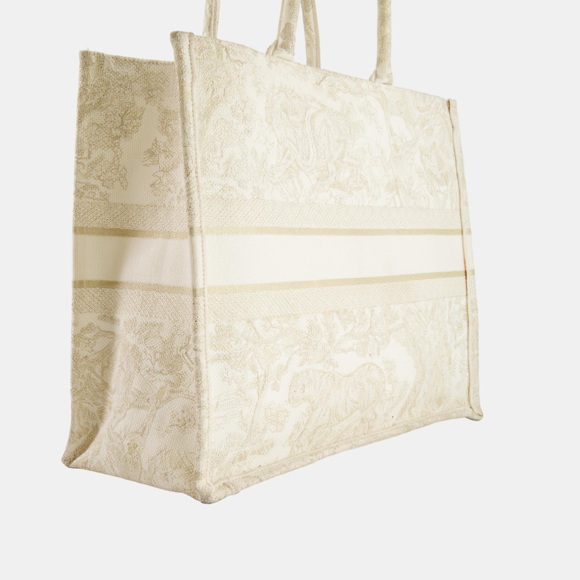 Christian Dior Cream And Gold Embroidered Large Book Tote Bag