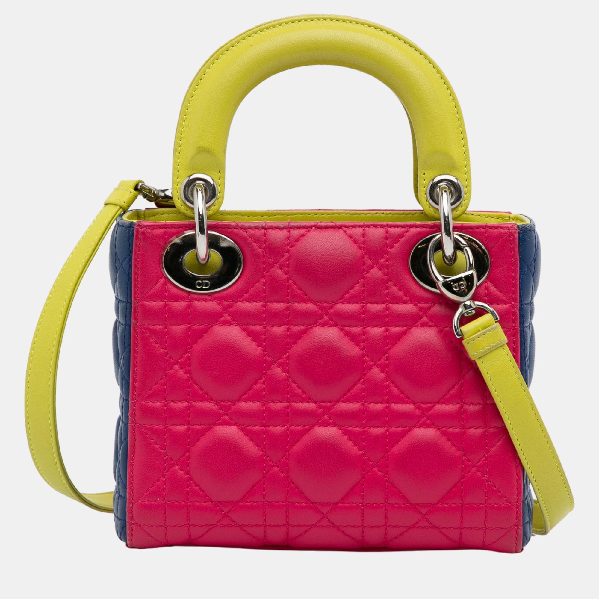 Dior Pink/Yellow Mini Lambskin Cannage Lady Dior Tricolor
