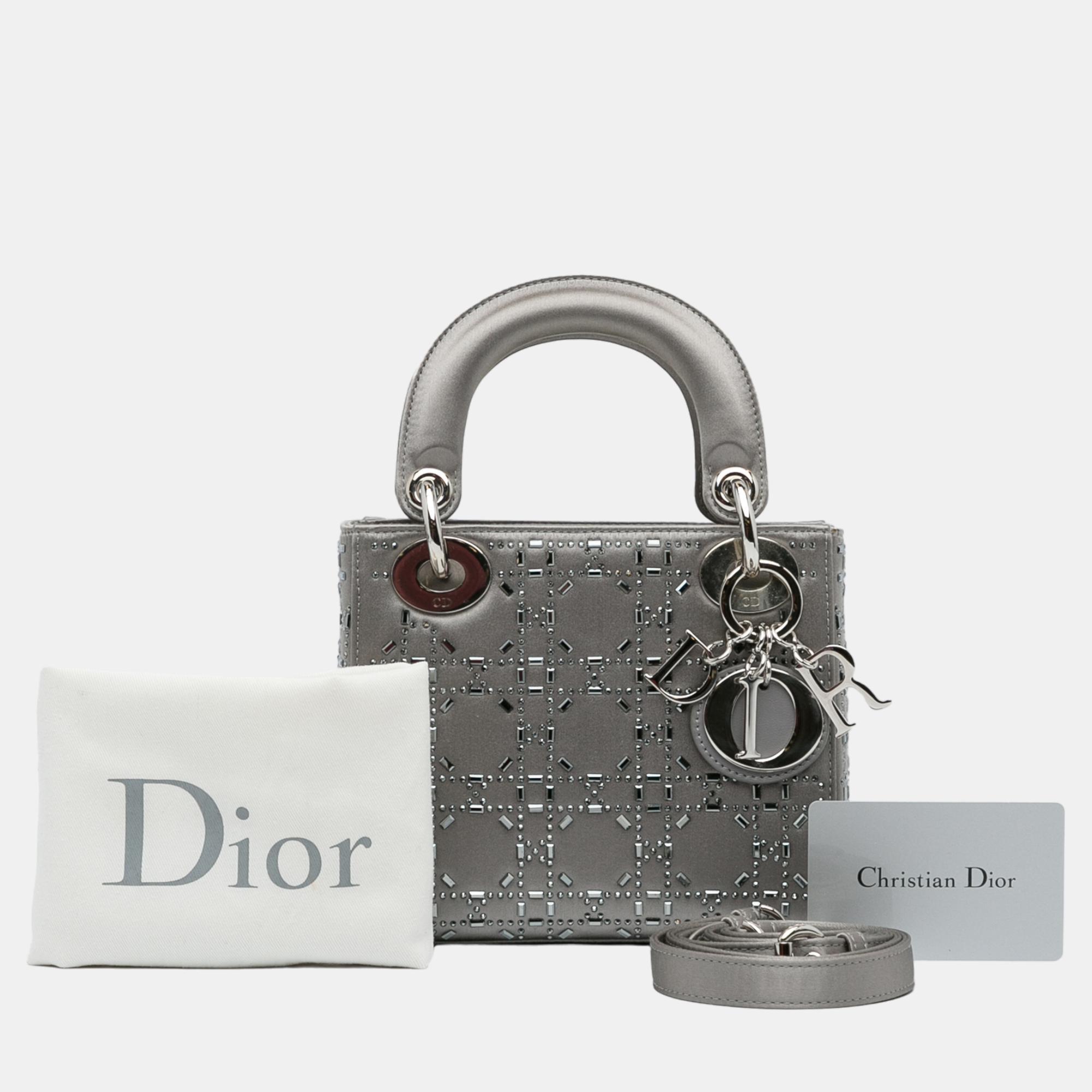 Dior Silver Mini Beaded Satin Cannage Lady Dior