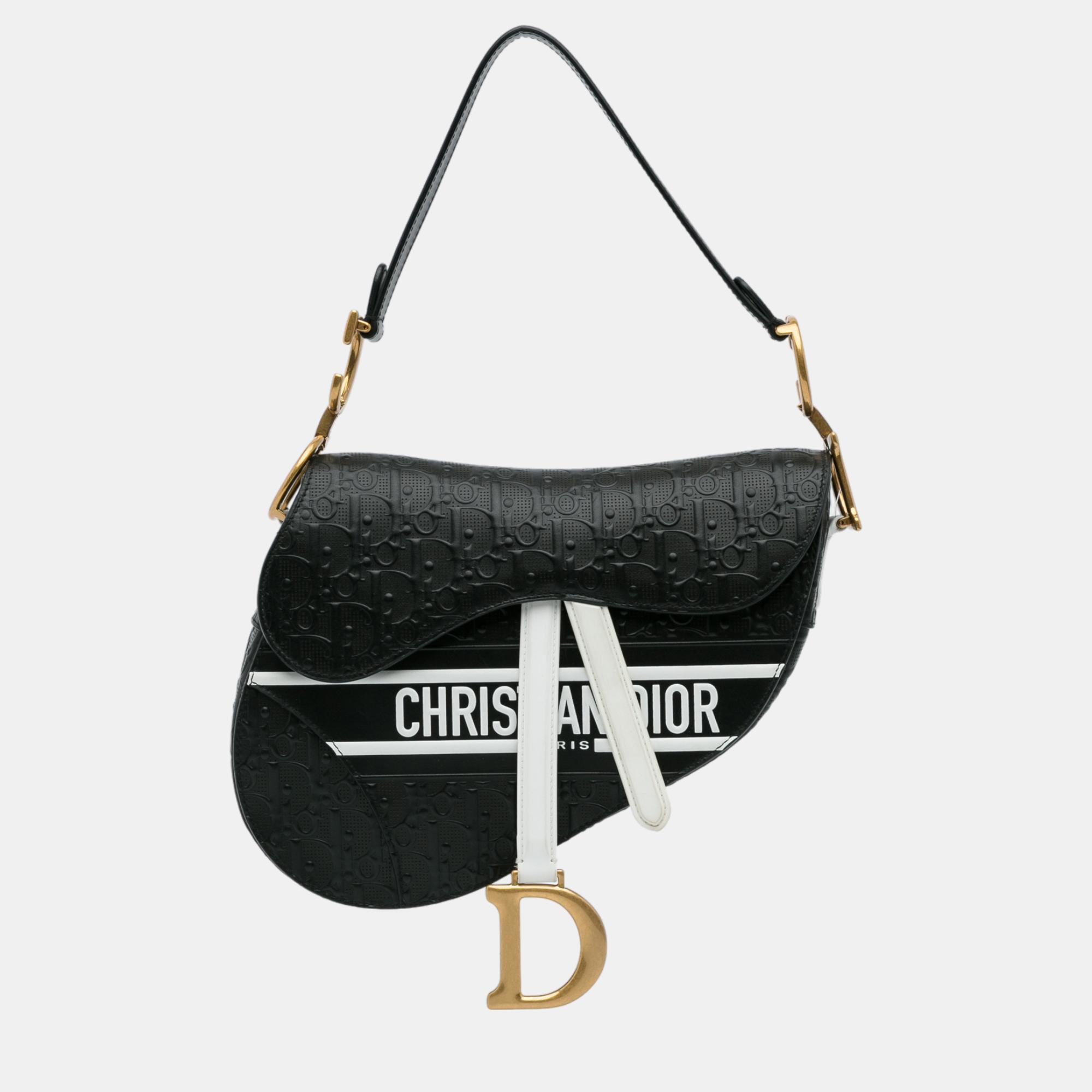 Dior Black Embossed Oblique Saddle Bag