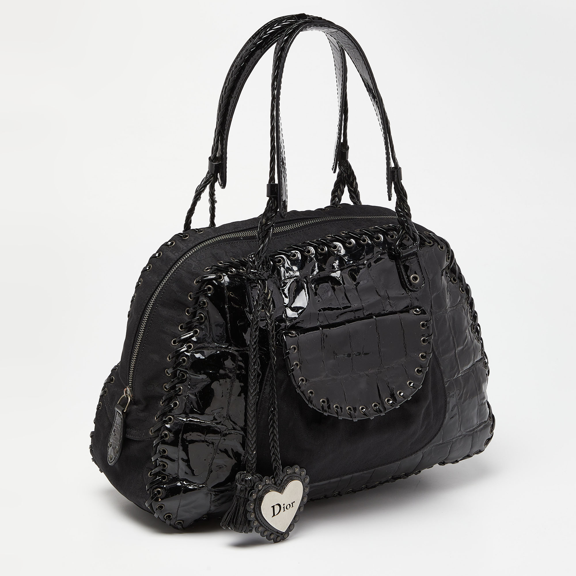 Dior Black Oblique Nylon And Croc Patent Leather Ethnic Braided Bag