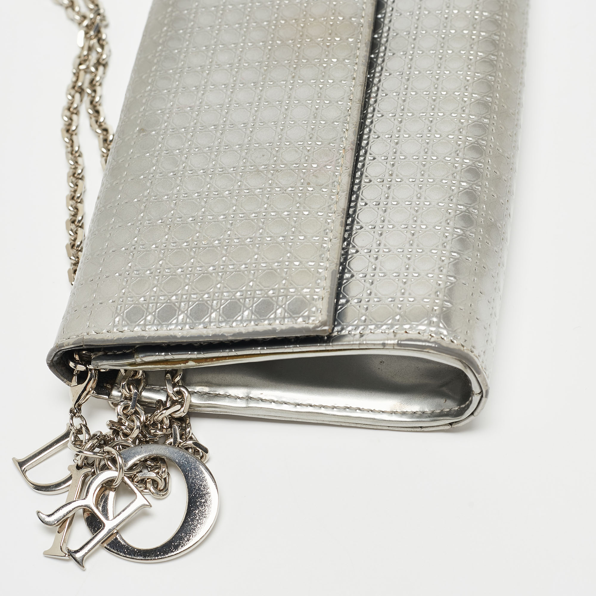 Dior Silver Microcannage Patent Leather Croisiere Wallet On Chain