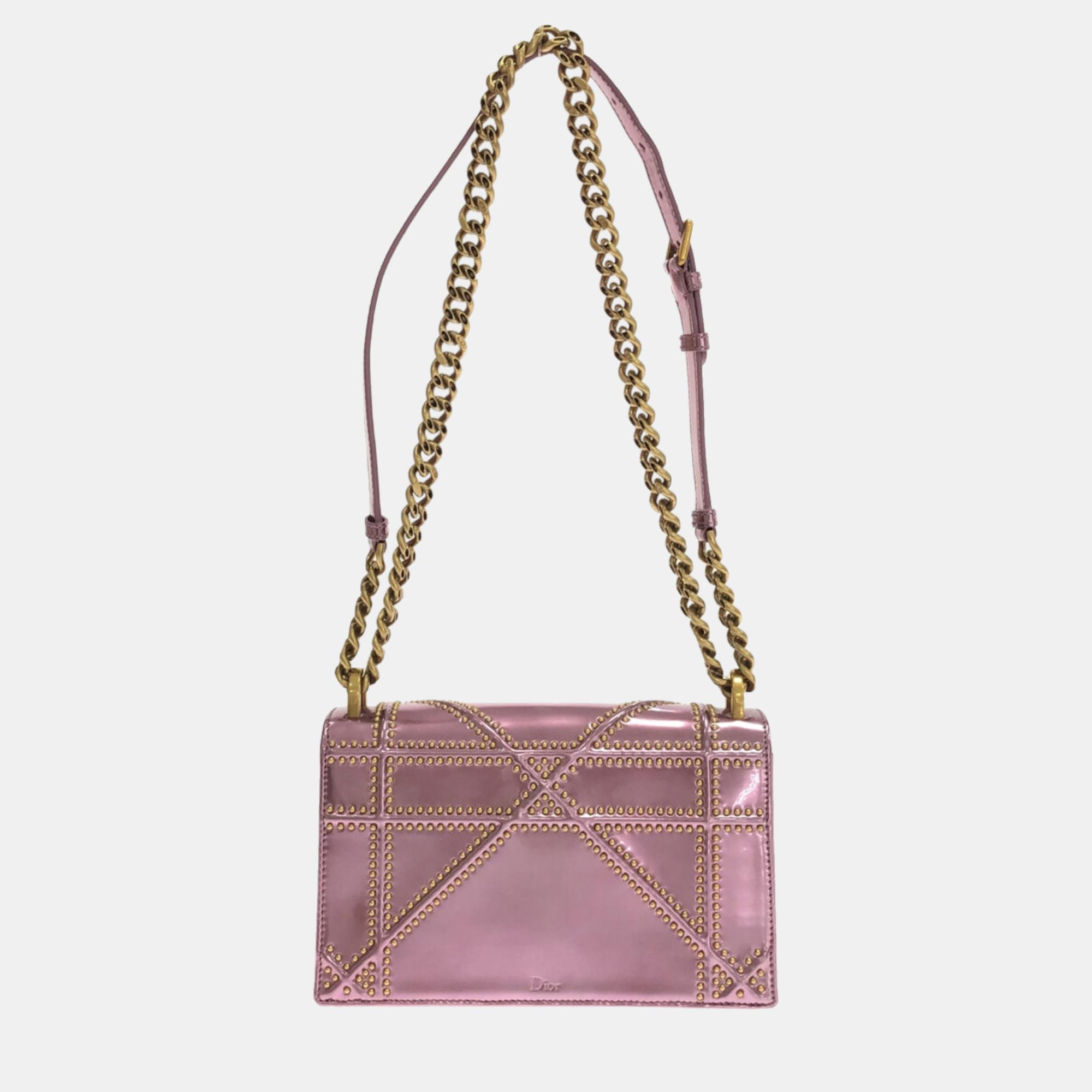 Dior Pink Small Studded Metallic Patent Diorama Flap