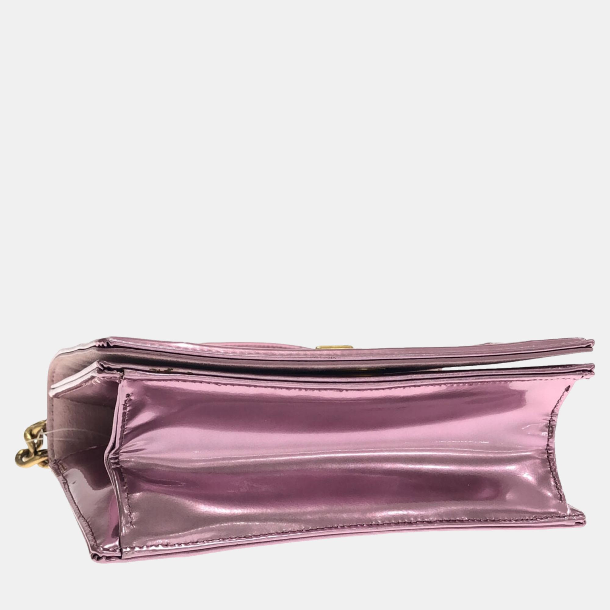 Dior Pink Small Studded Metallic Patent Diorama Flap