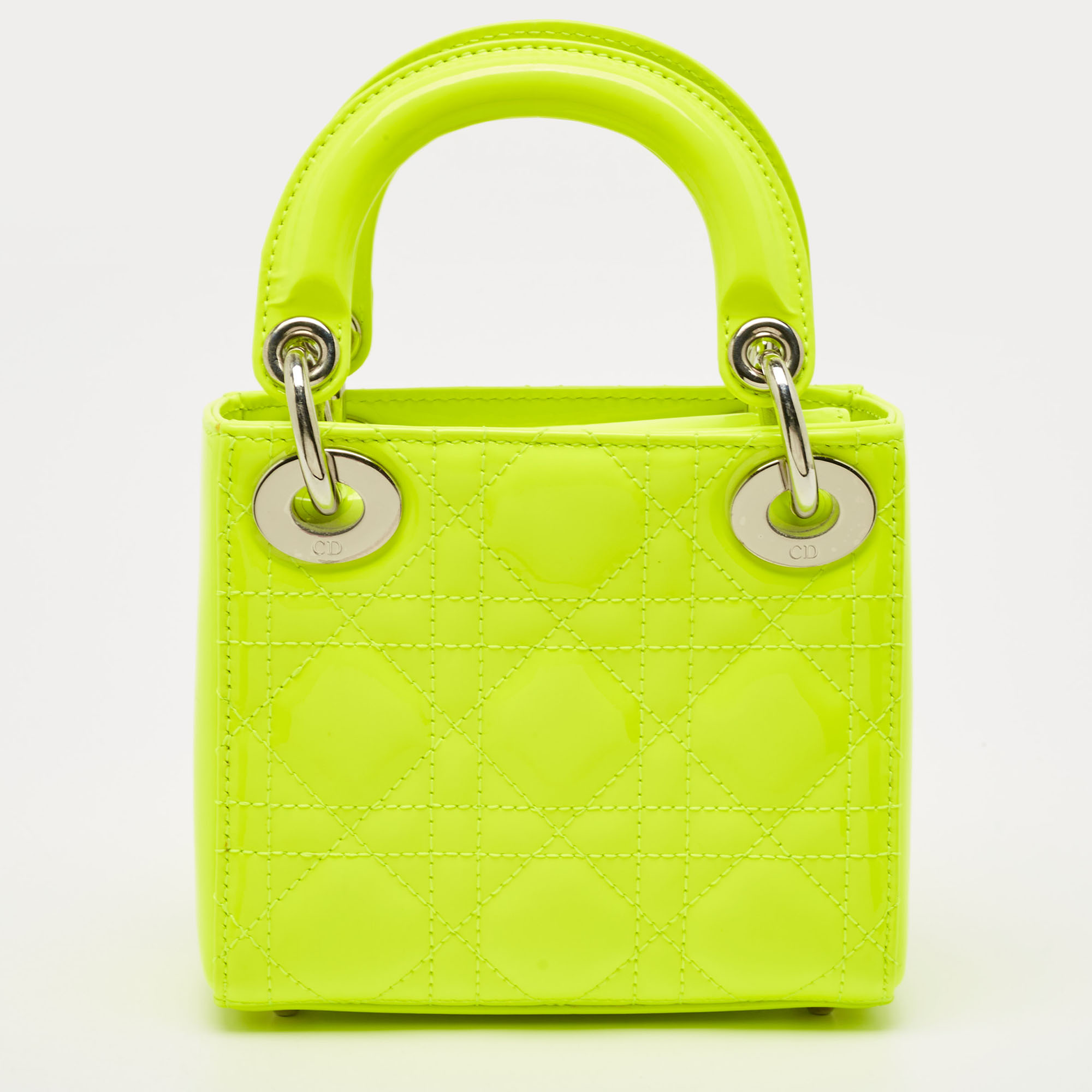 Dior Neon Green Patent Leather Embroidered Patches Mini Lady Dior Tote Bag