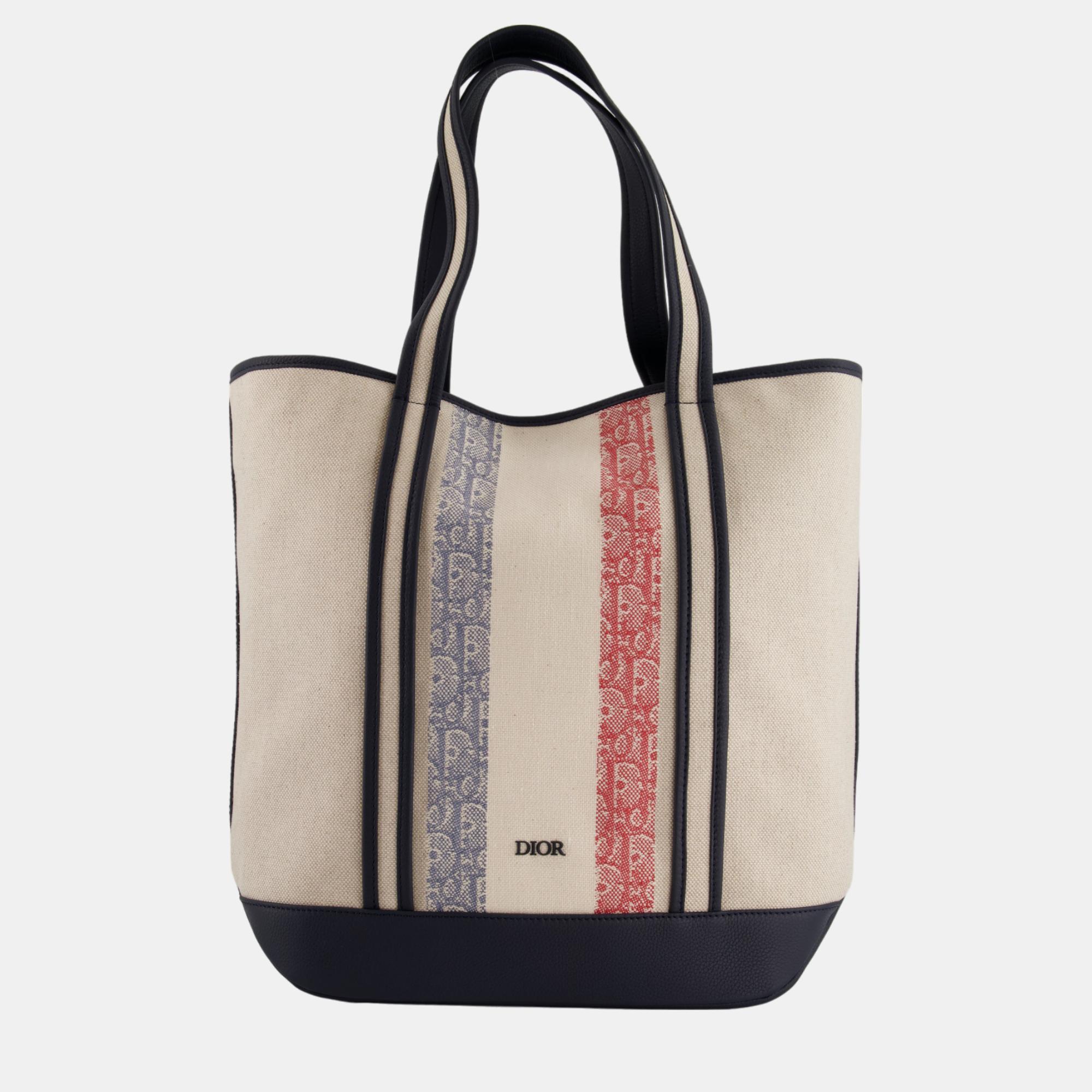 Christian Dior Red And Blue Stripe Canvas Oblique Tote Bag With Leather Detail