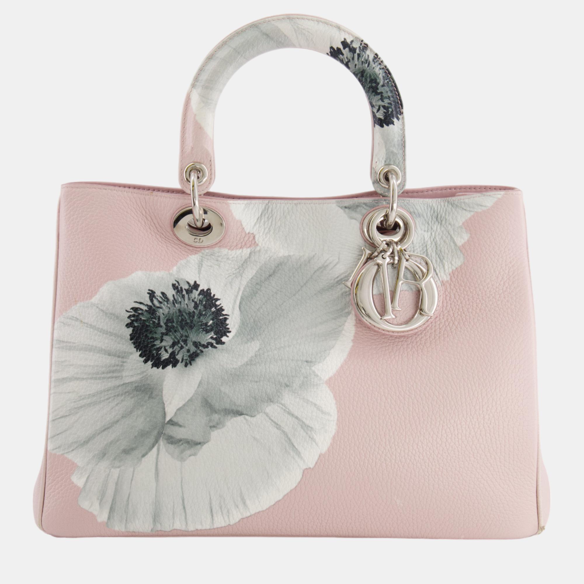 Christian Dior Light Pink And Grey Floral Diorissimo Bag With Silver Hardware