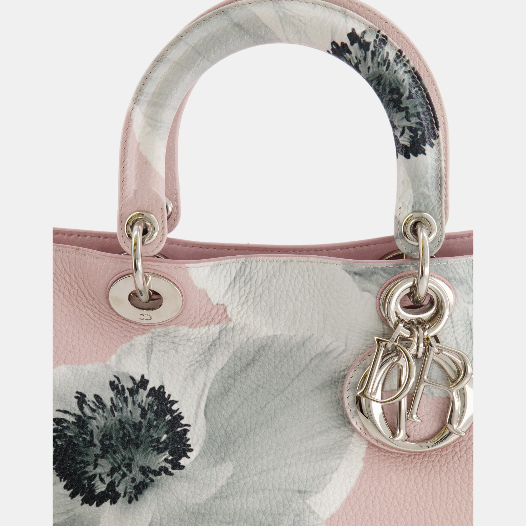 Christian Dior Light Pink And Grey Floral Diorissimo Bag With Silver Hardware