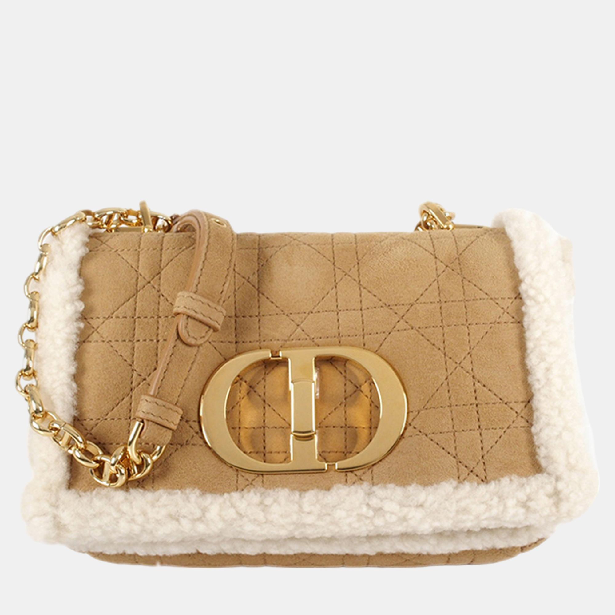 Dior Brown Small Shearling Suede Cannage Caro Bag