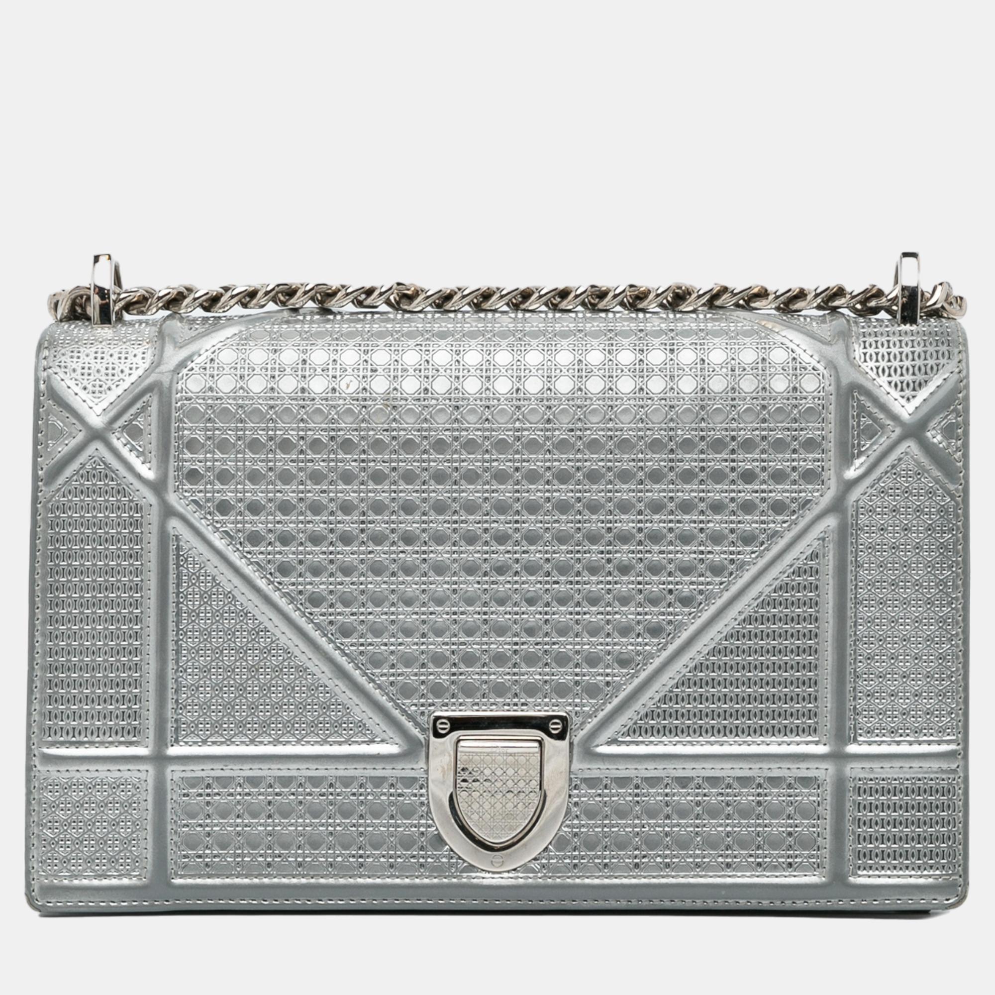 Dior Silver Microcannage Patent Diorama Crossbody Bag