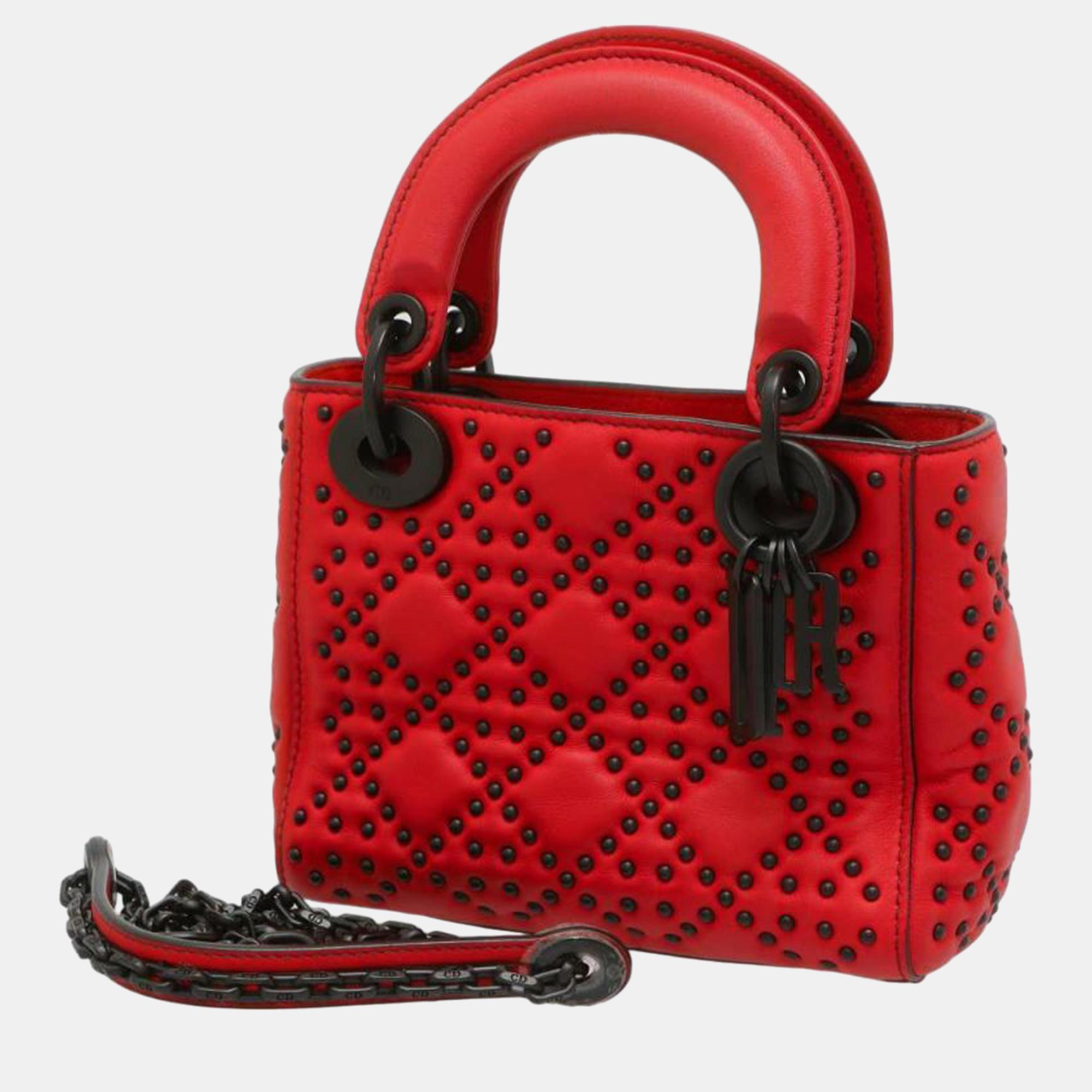 Dior Red Mini Studded Lambskin Cannage Supple Lady Dior