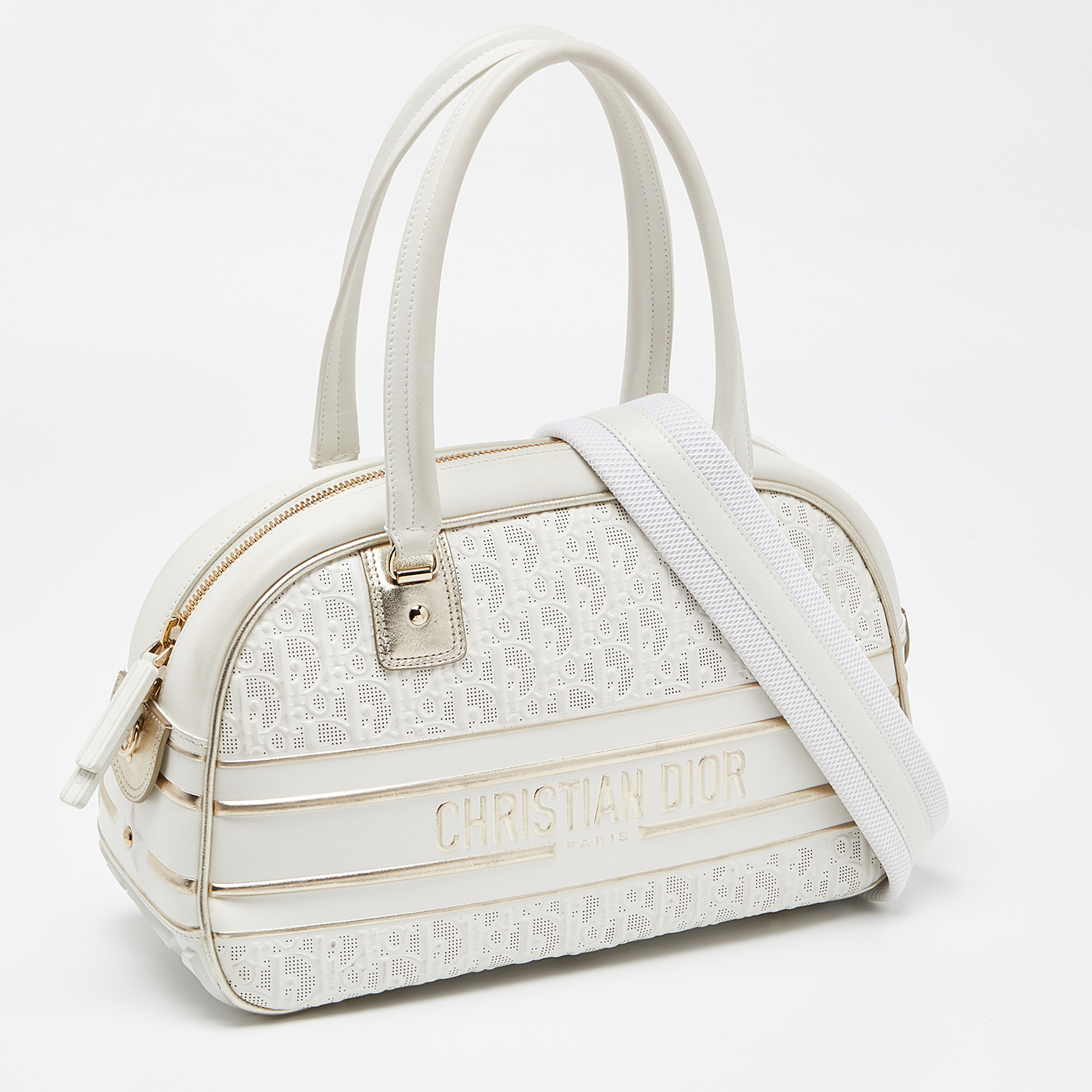 Dior White/Gold Perforated Oblique Leather And Rubber Medium Vibe Bowler Bag