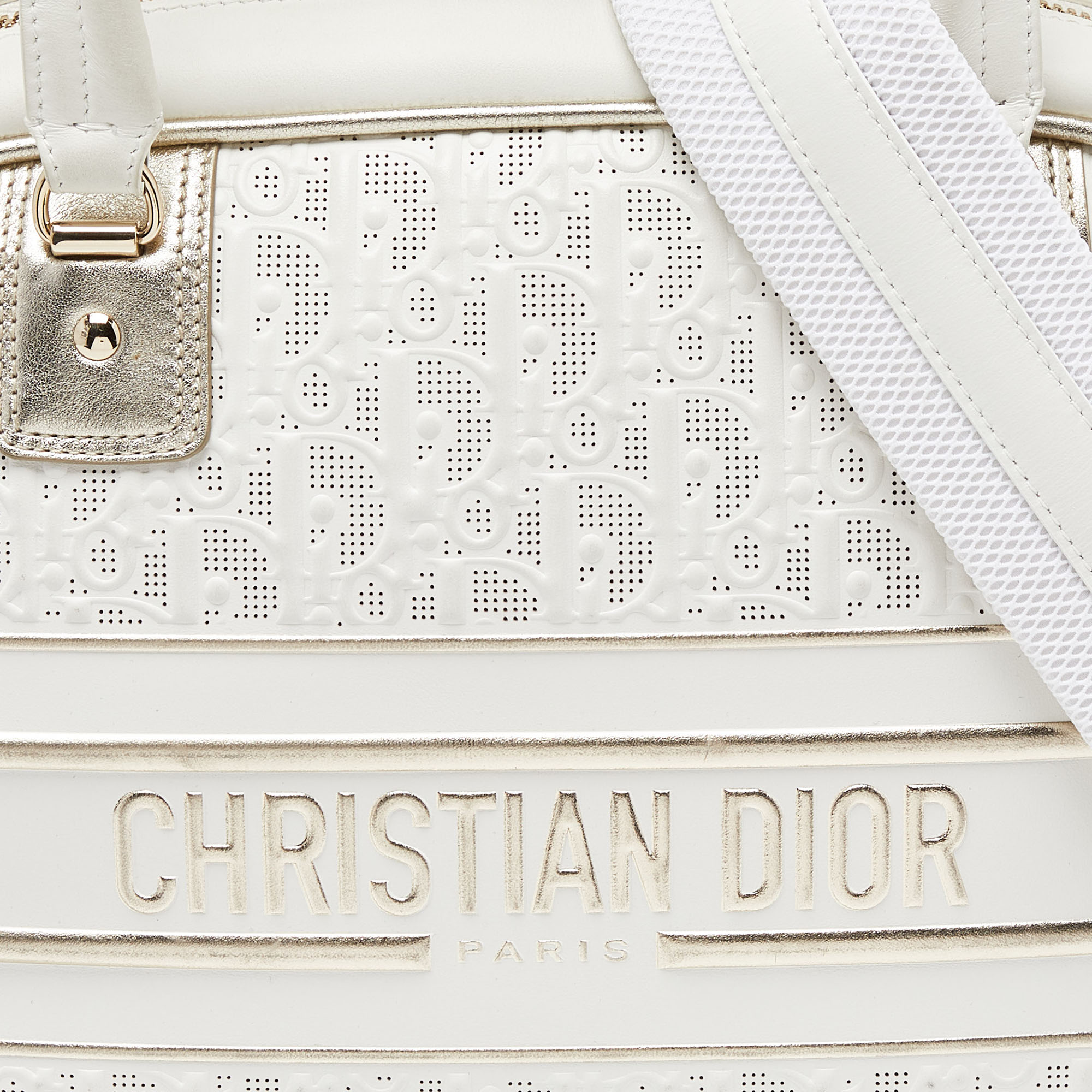Dior White/Gold Perforated Oblique Leather And Rubber Medium Vibe Bowler Bag