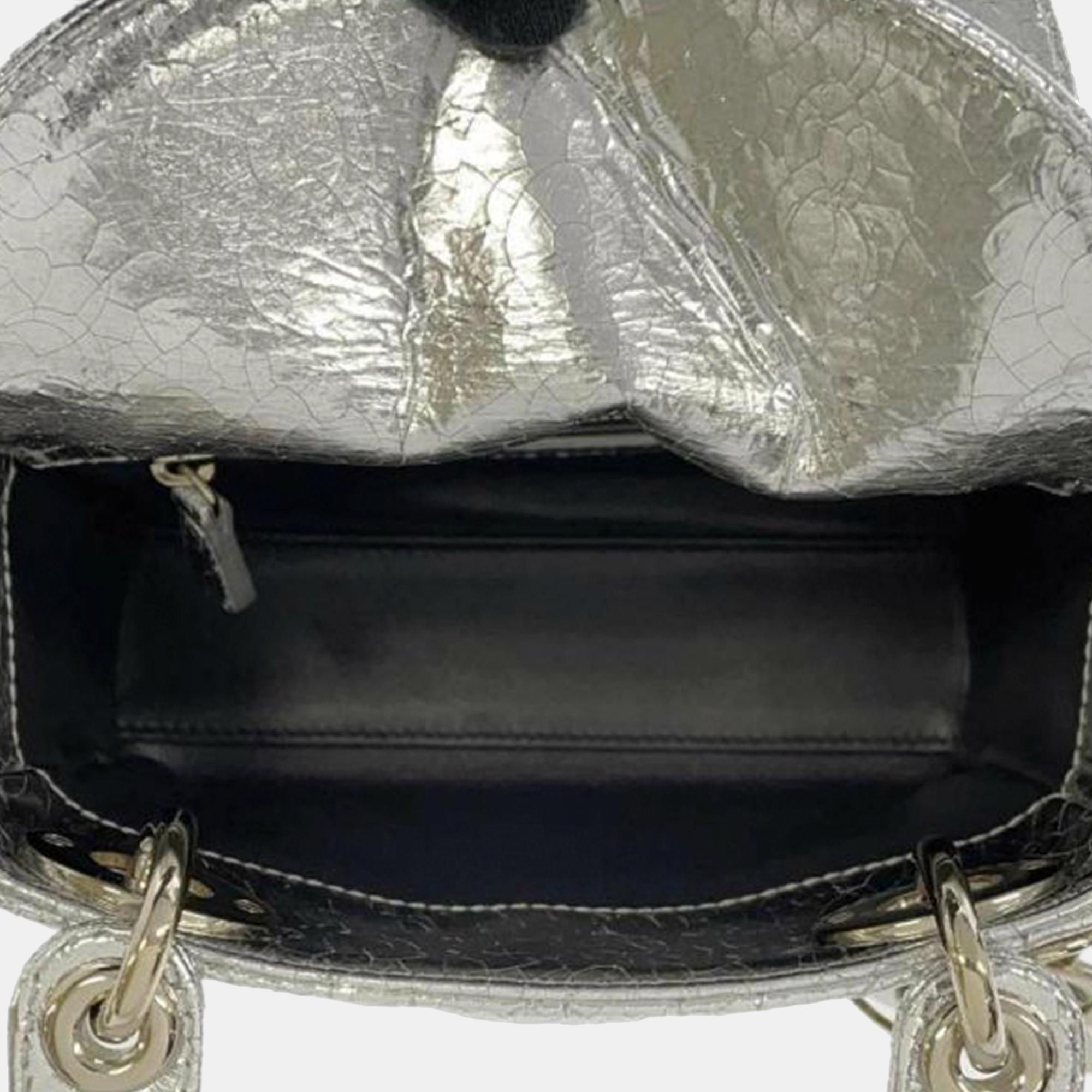 Dior Silver Mini Crackled Patent Deerskin Cannage Lady Dior