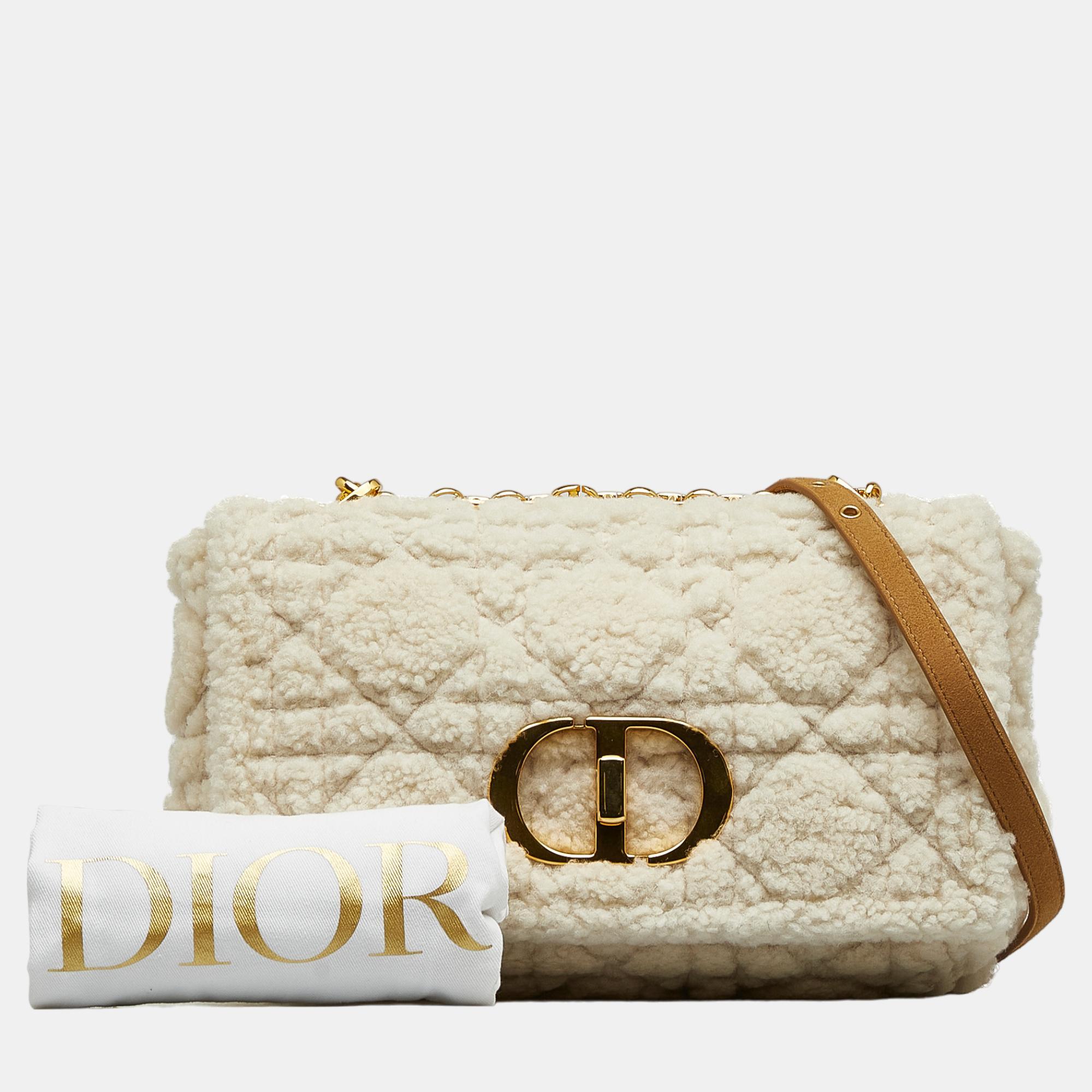 Dior White Medium Shearling Cannage Caro Bag