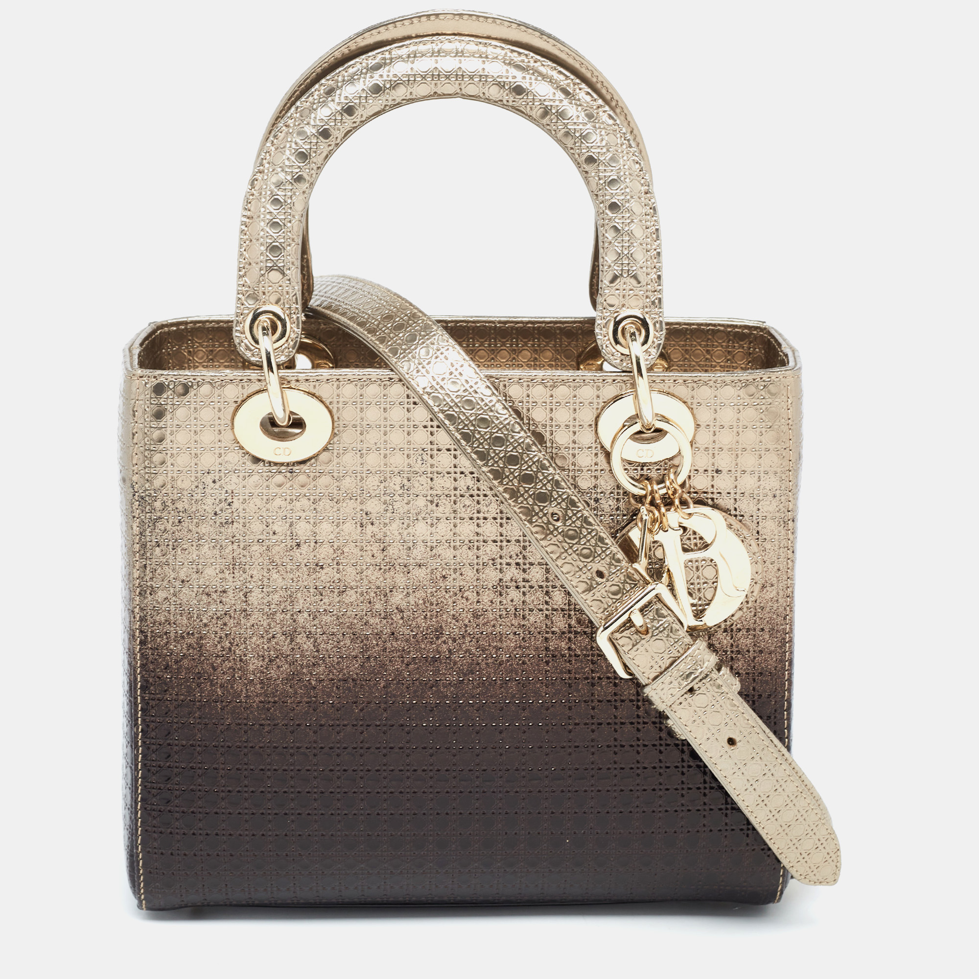Dior Gold/Dark Brown Microcannage Patent Leather Medium Lady Dior Tote