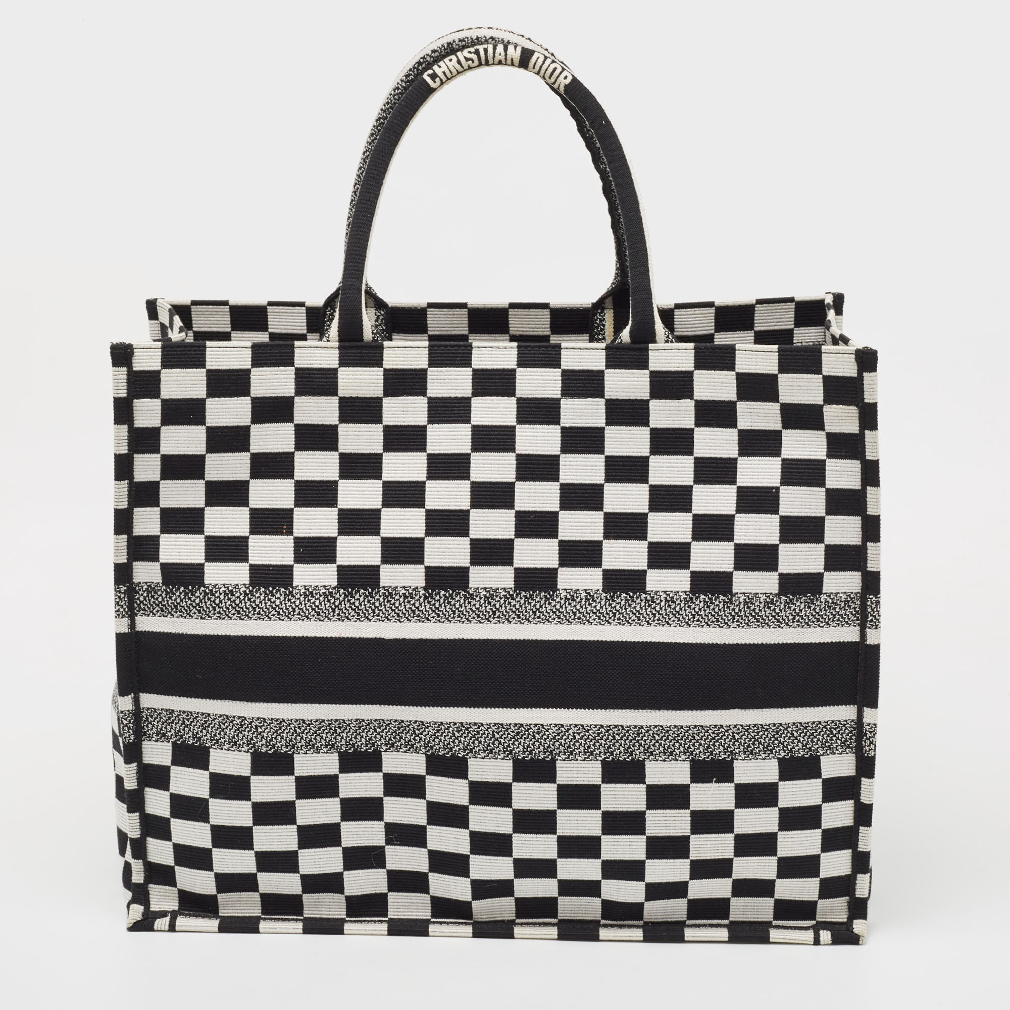 Dior Black/White Checkered Embroidered Canvas Large Book Tote