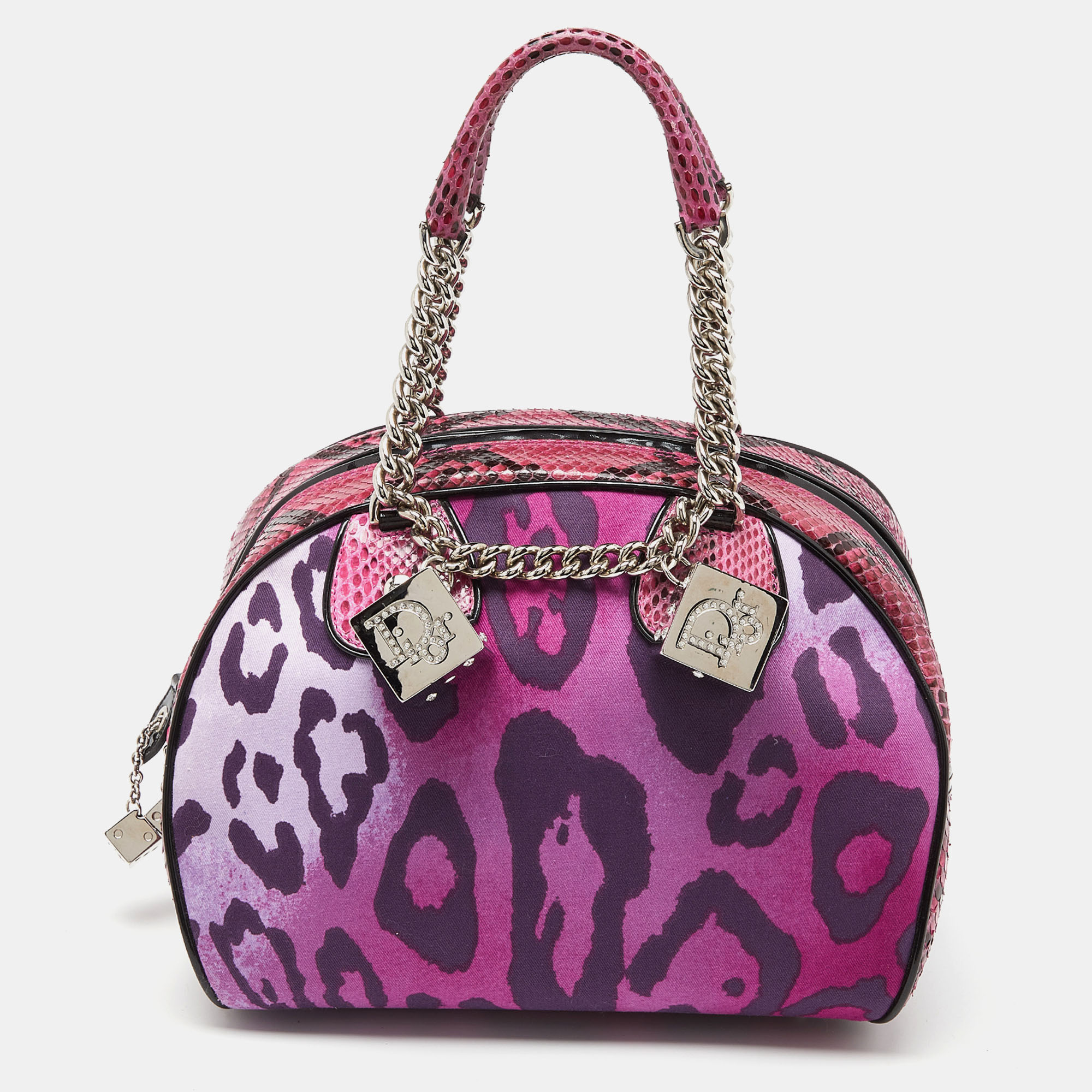 Dior multicolor leopard print fabric, python and patent leather gambler dice bag