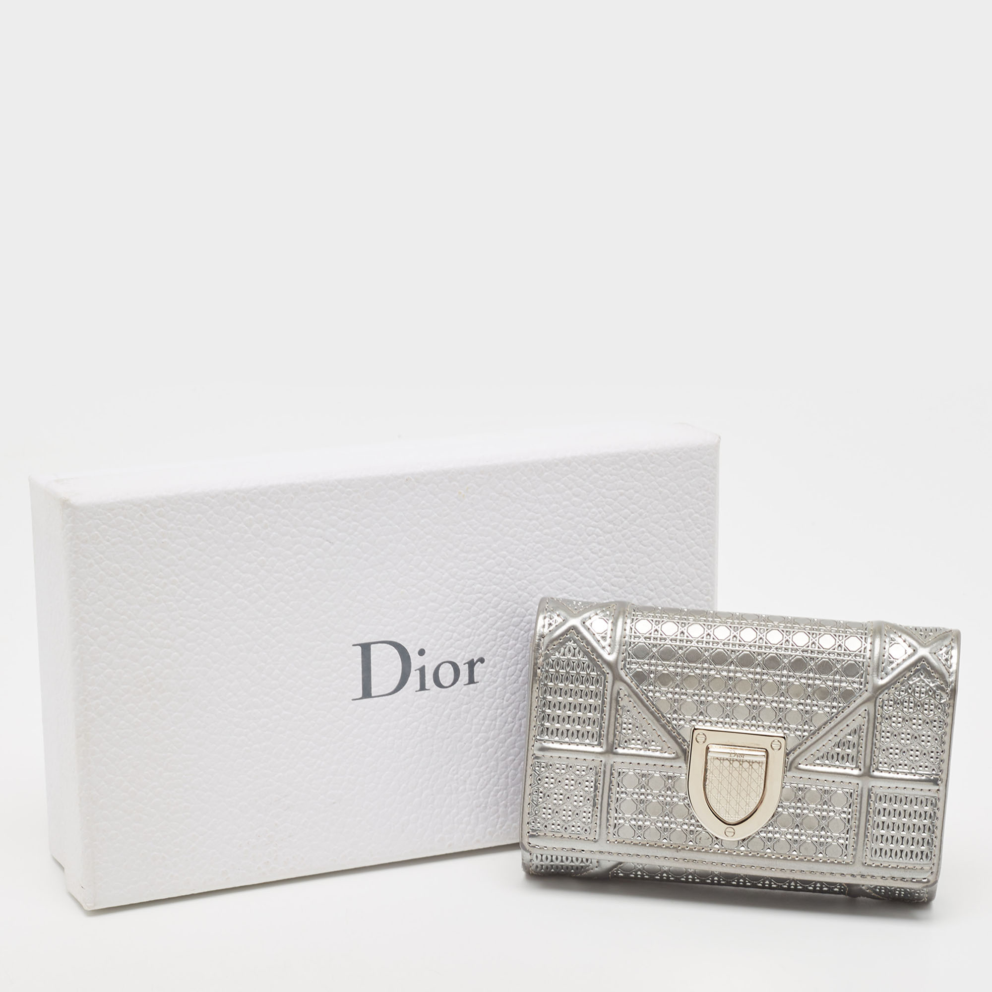 Dior Silver Cannage Patent Leather Diorama Trifold Wallet