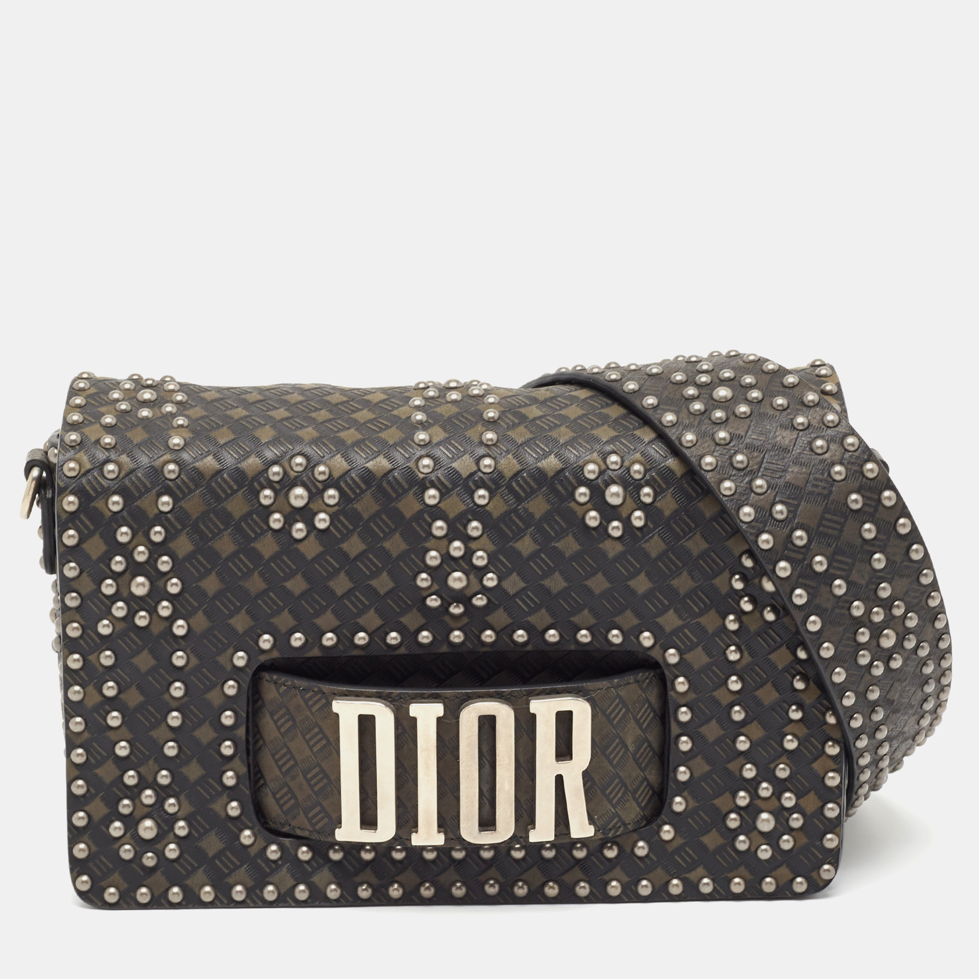 Dior green/black studded leather medium dio(r)evolution j'adior chain bag