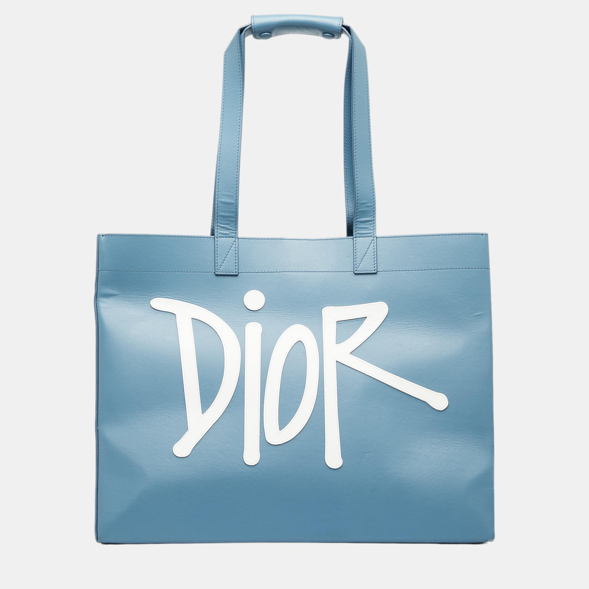 Dior Blue X Stussy Large Logo Applique Tote
