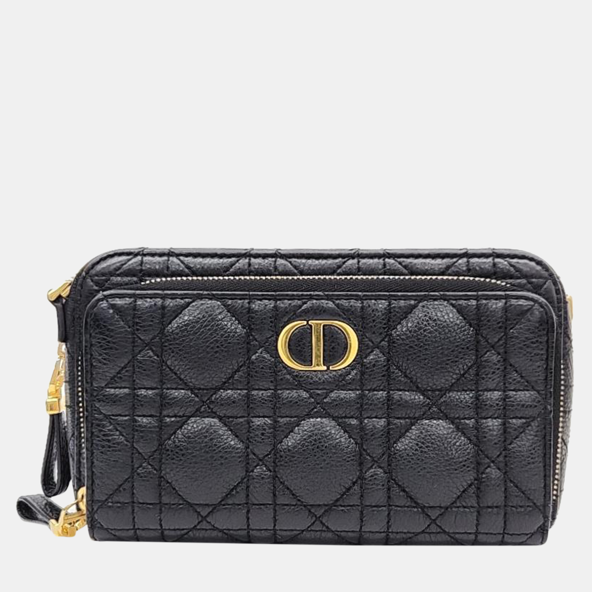 Christian dior black cannage leather caro double pouch bag