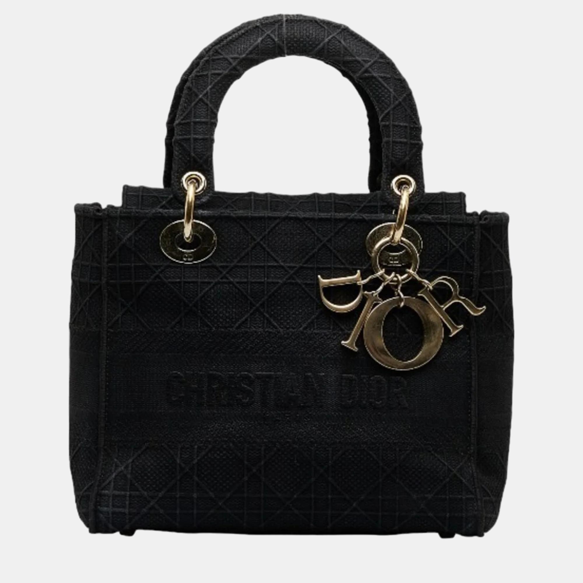 Christian dior canvas embroidery black lady d-lite cannage tote