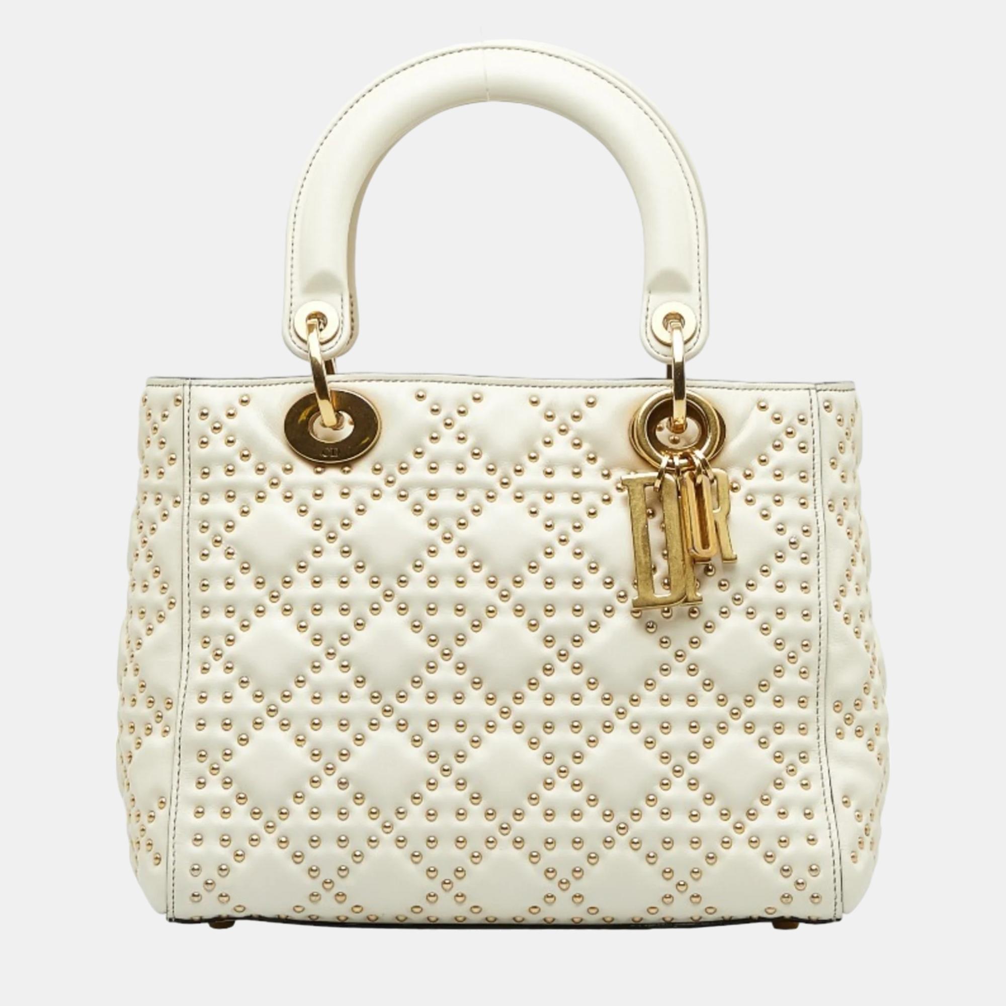 Christian white leather dior studded cannage lady dior tote bag