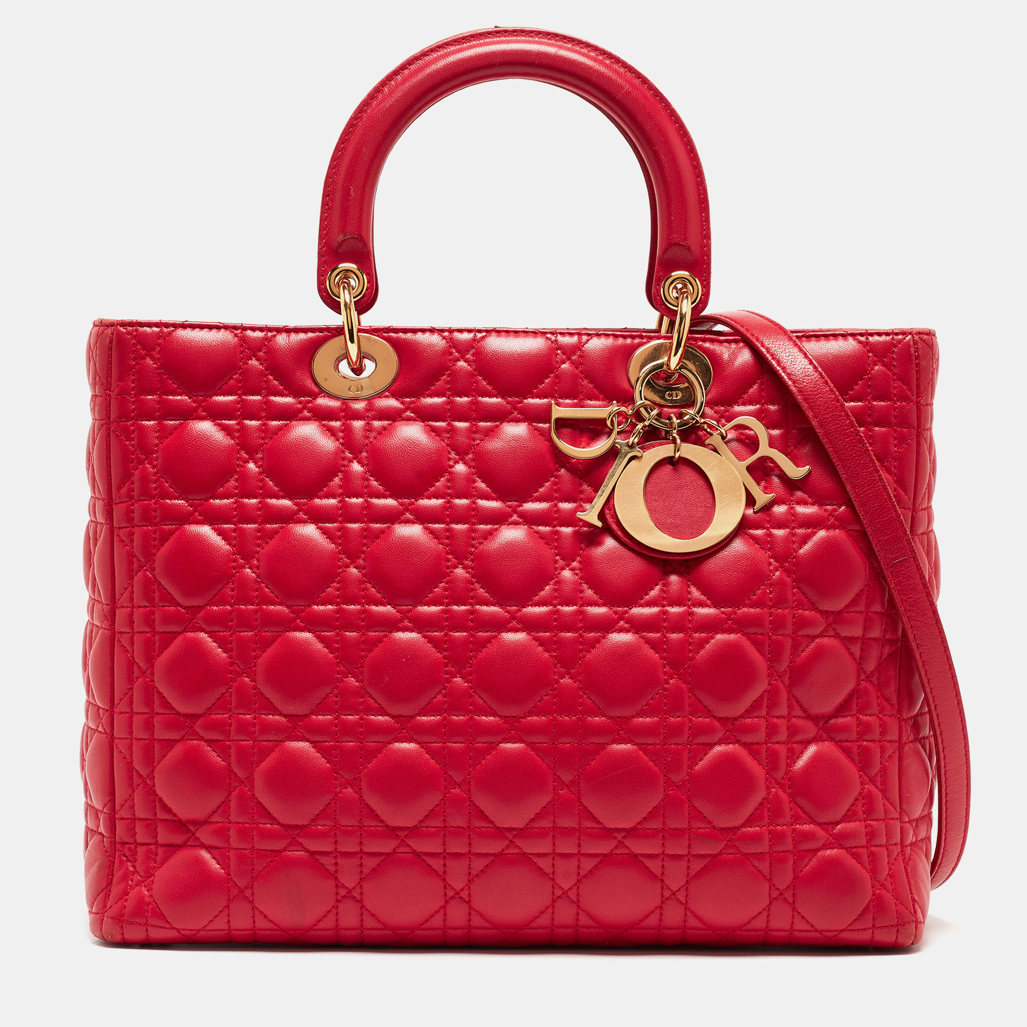 Dior red cannage leather large lady dior tote