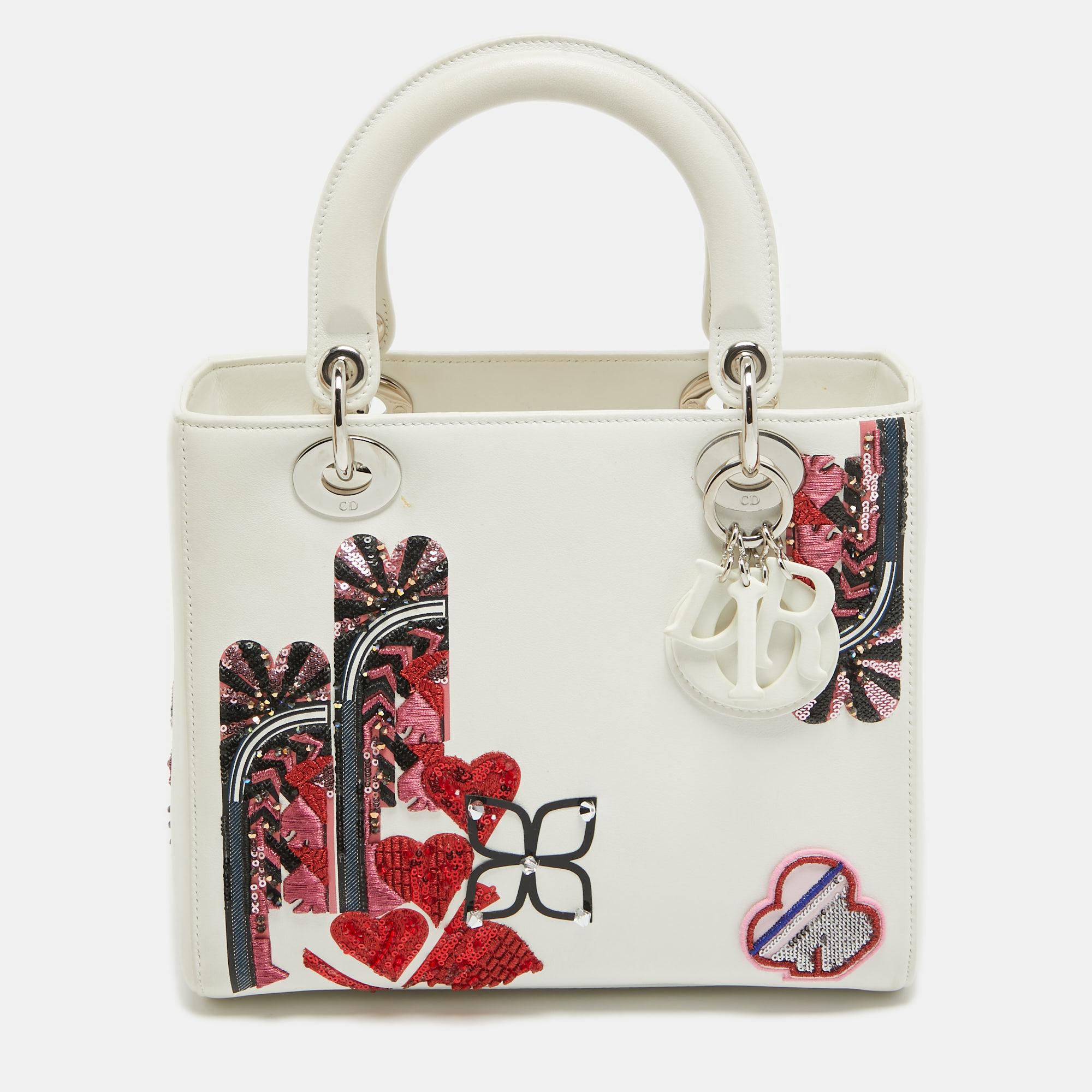 Dior white leather medium sequin and embroidered lady dior tote
