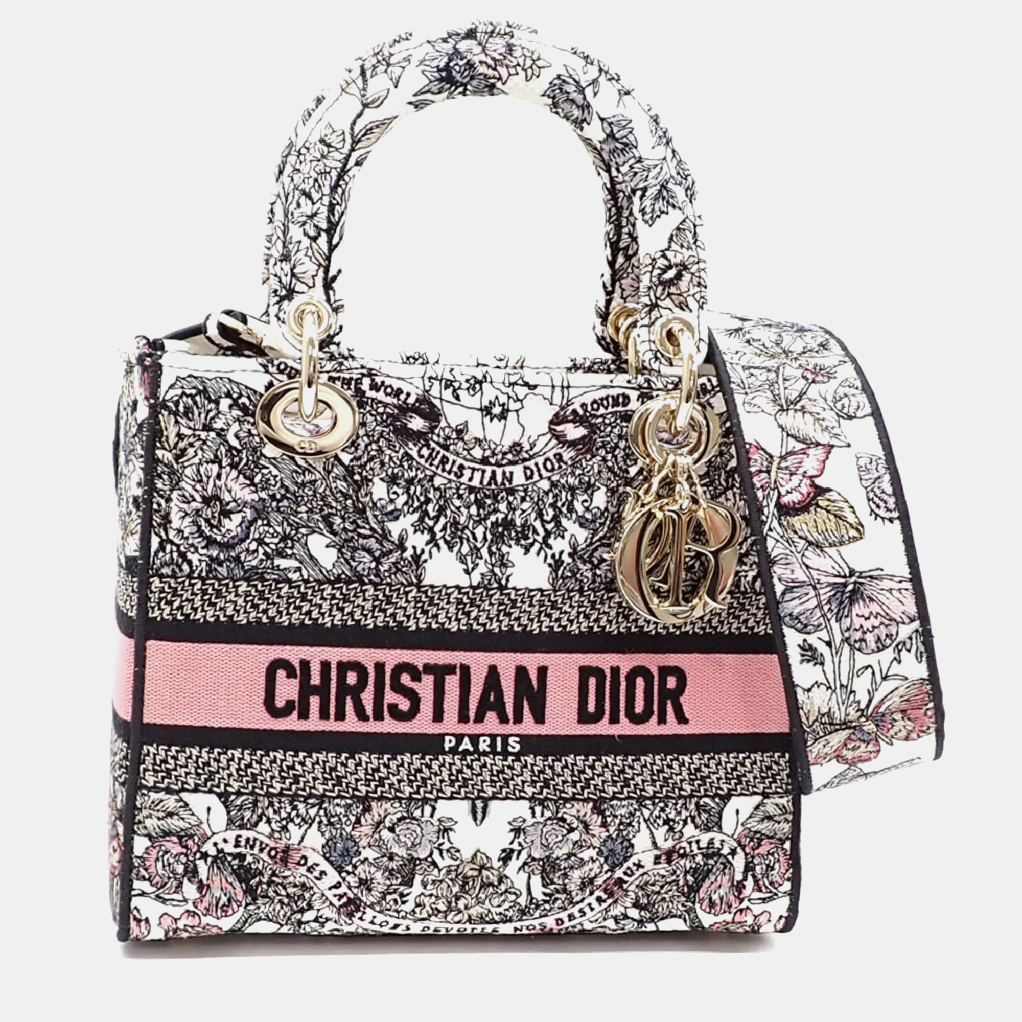 Christian dior  cannage embroidered canvas medium lady d-lite bag