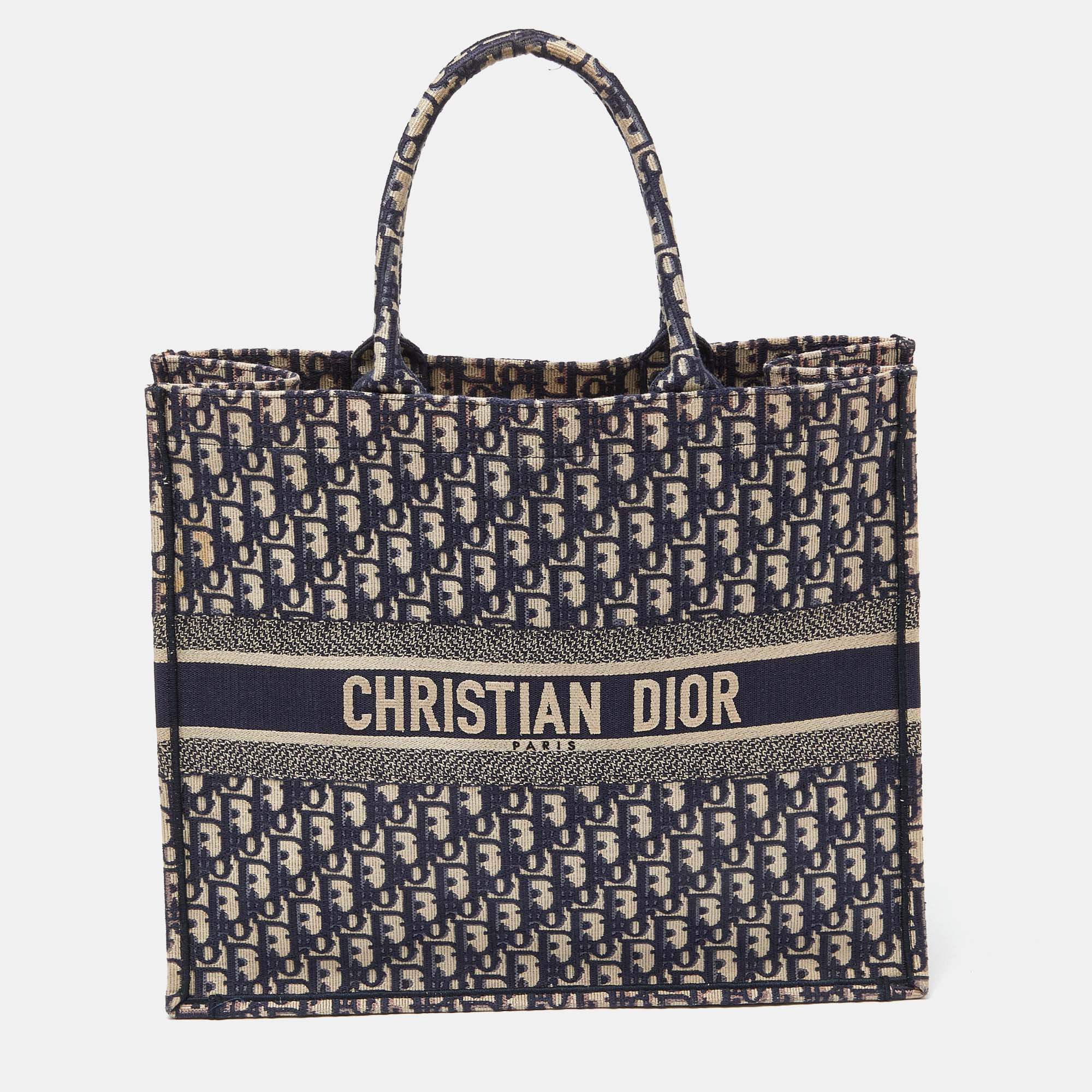 Dior navy blue oblique embroidered canvas large book tote