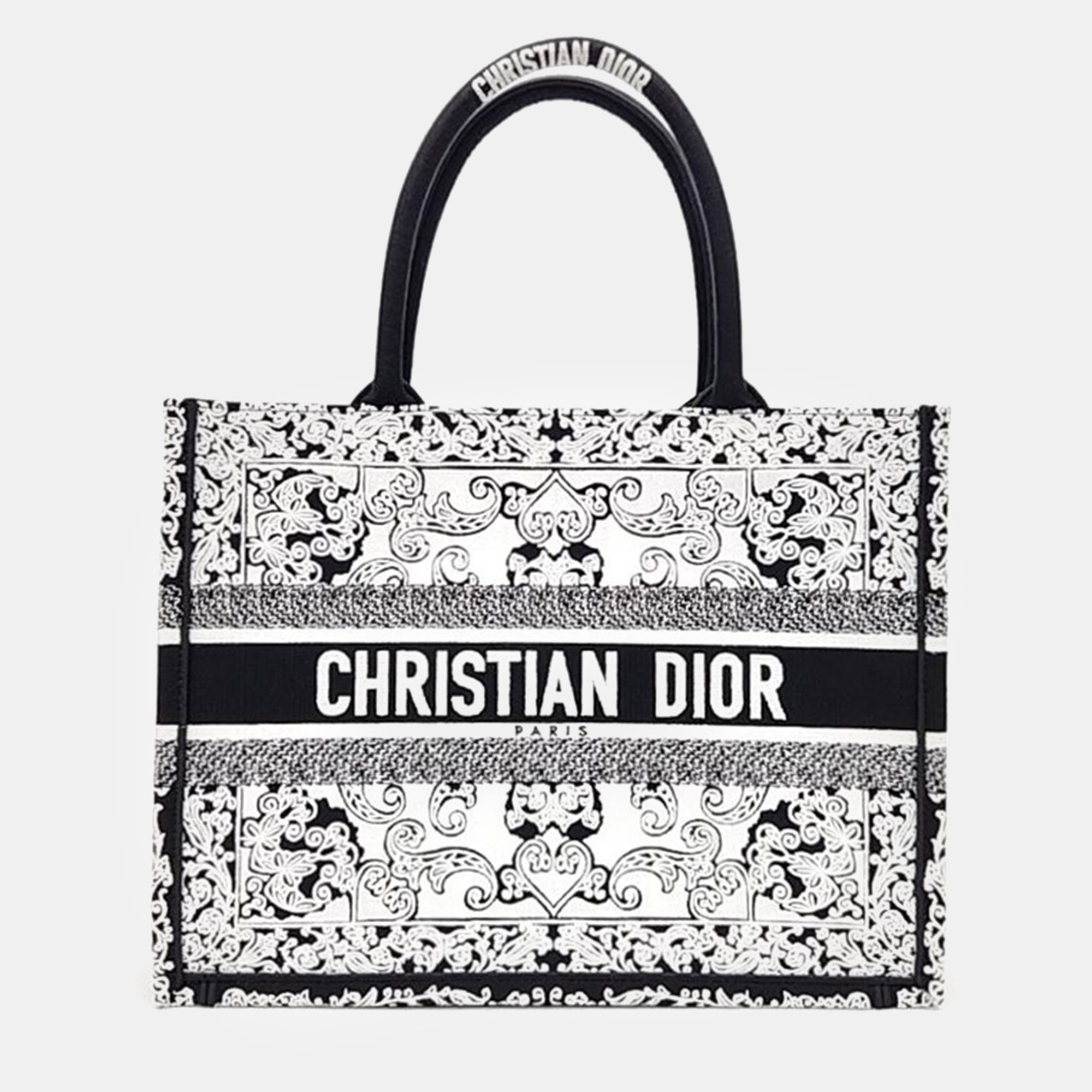 Christian dior white/black canvas book tote bag