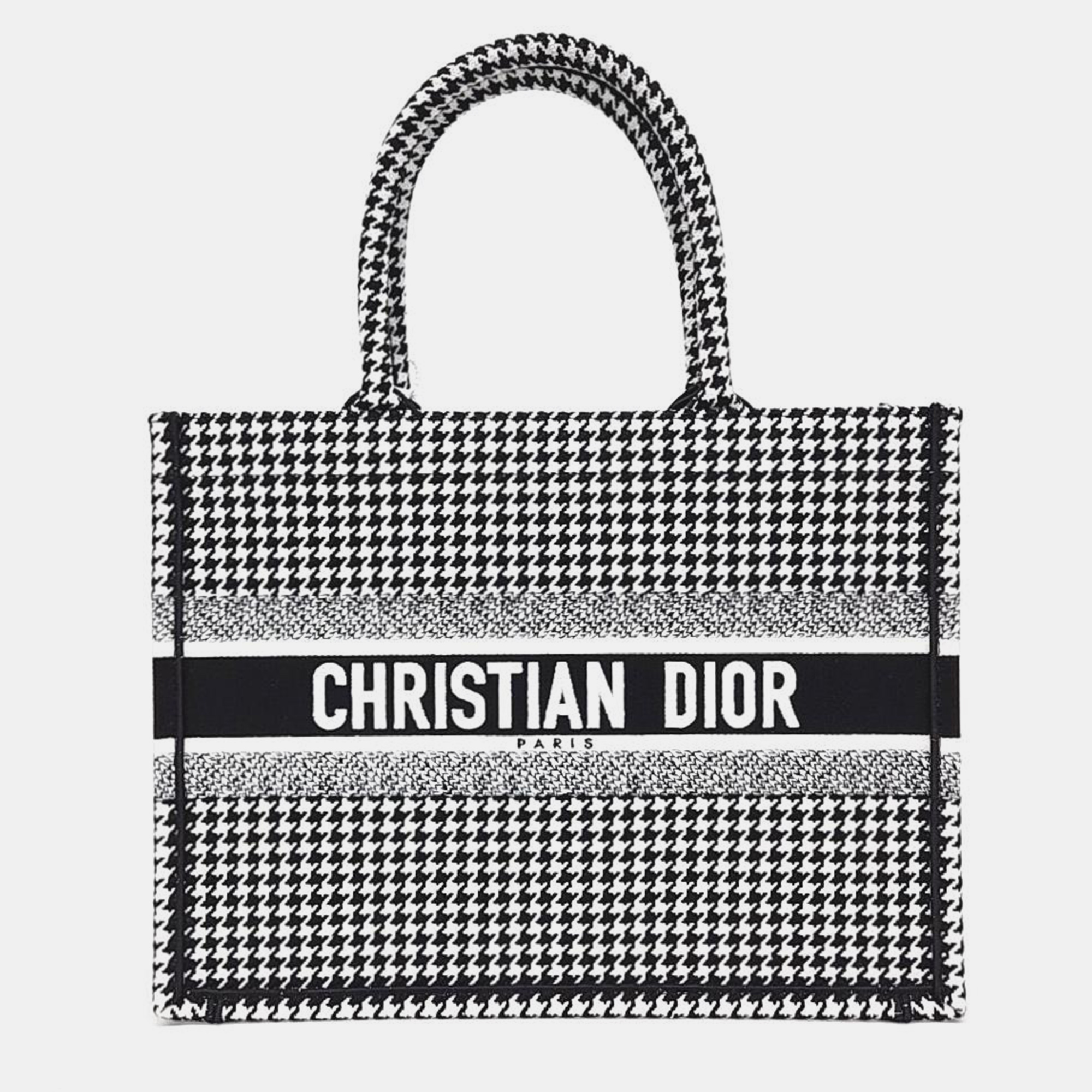 Dior black/white houndstooth canvas lady dior tote bag