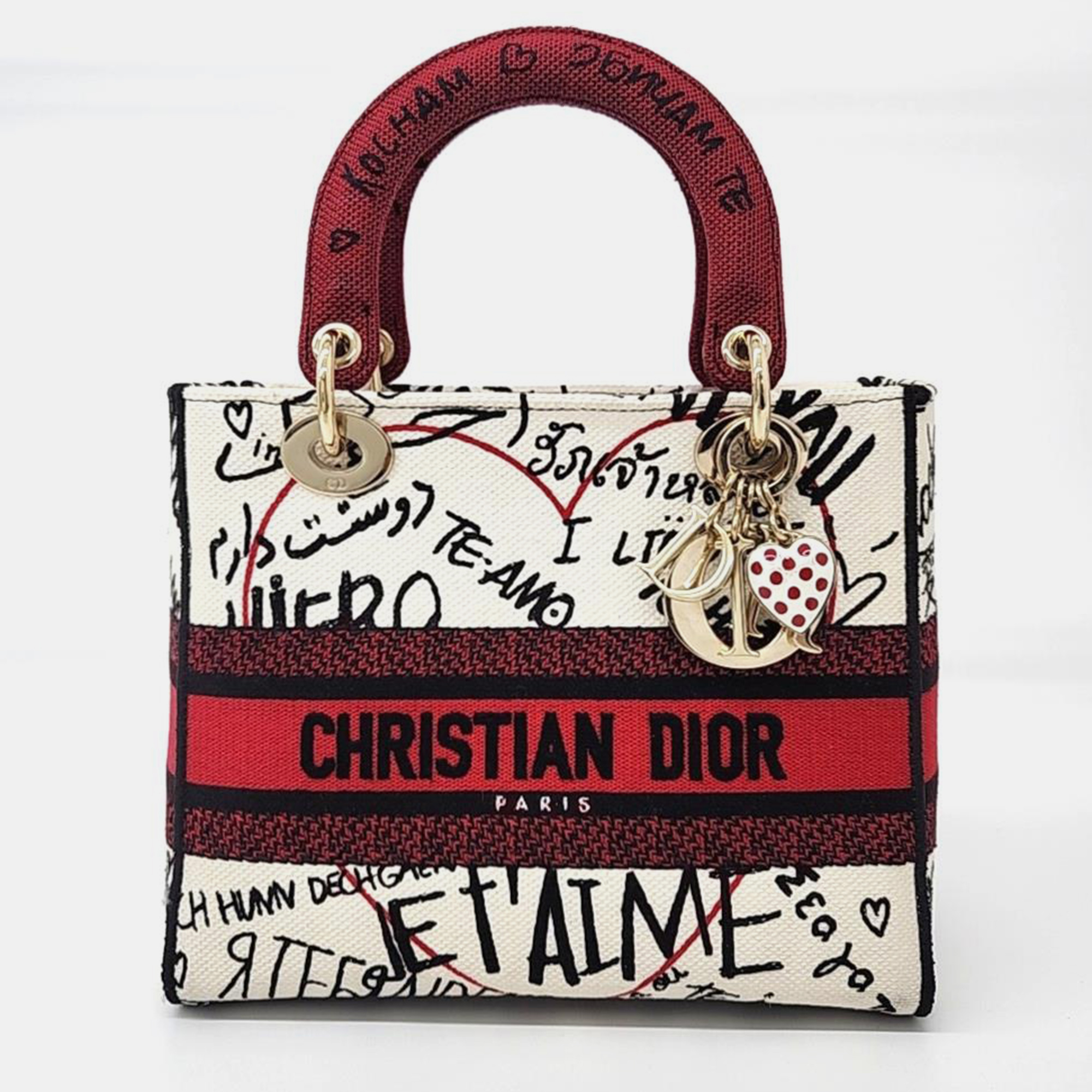Dior ivory/red canvas medium lady d-lite tote bag