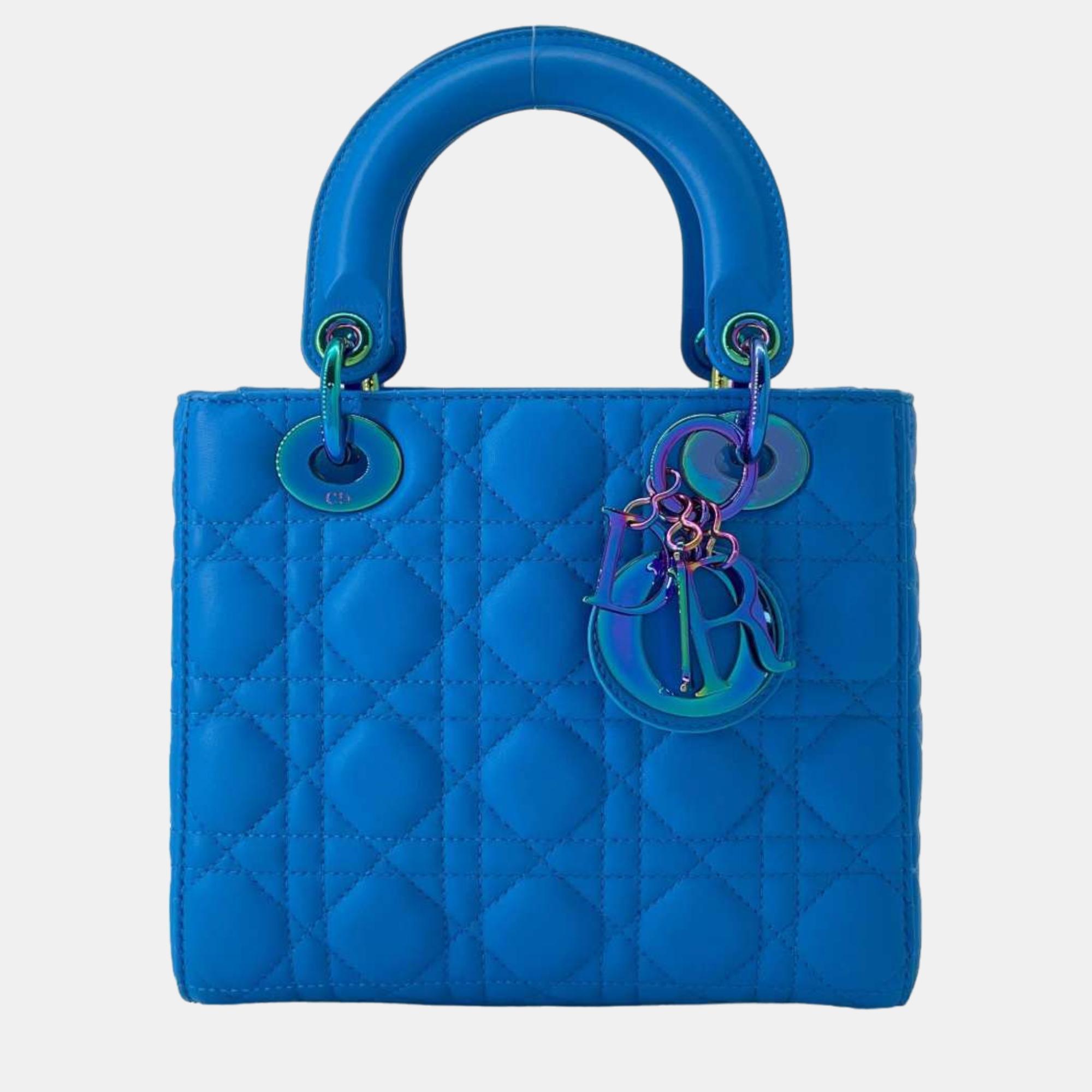 Dior blue leather lady dior small top handle bag