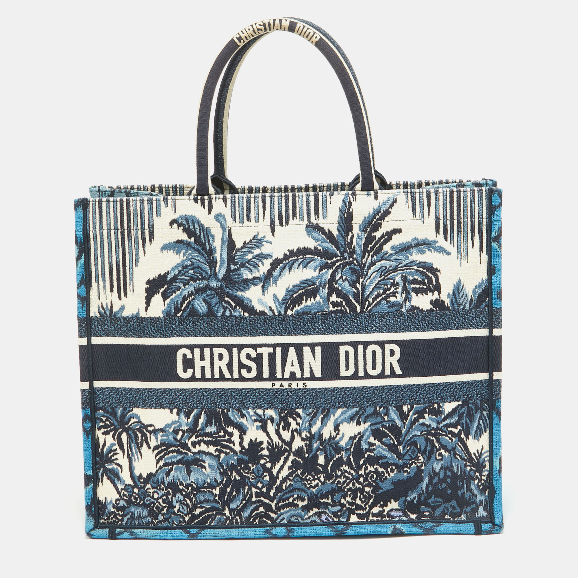 Dior navy blue/white embroidery canvas large palm tree book tote