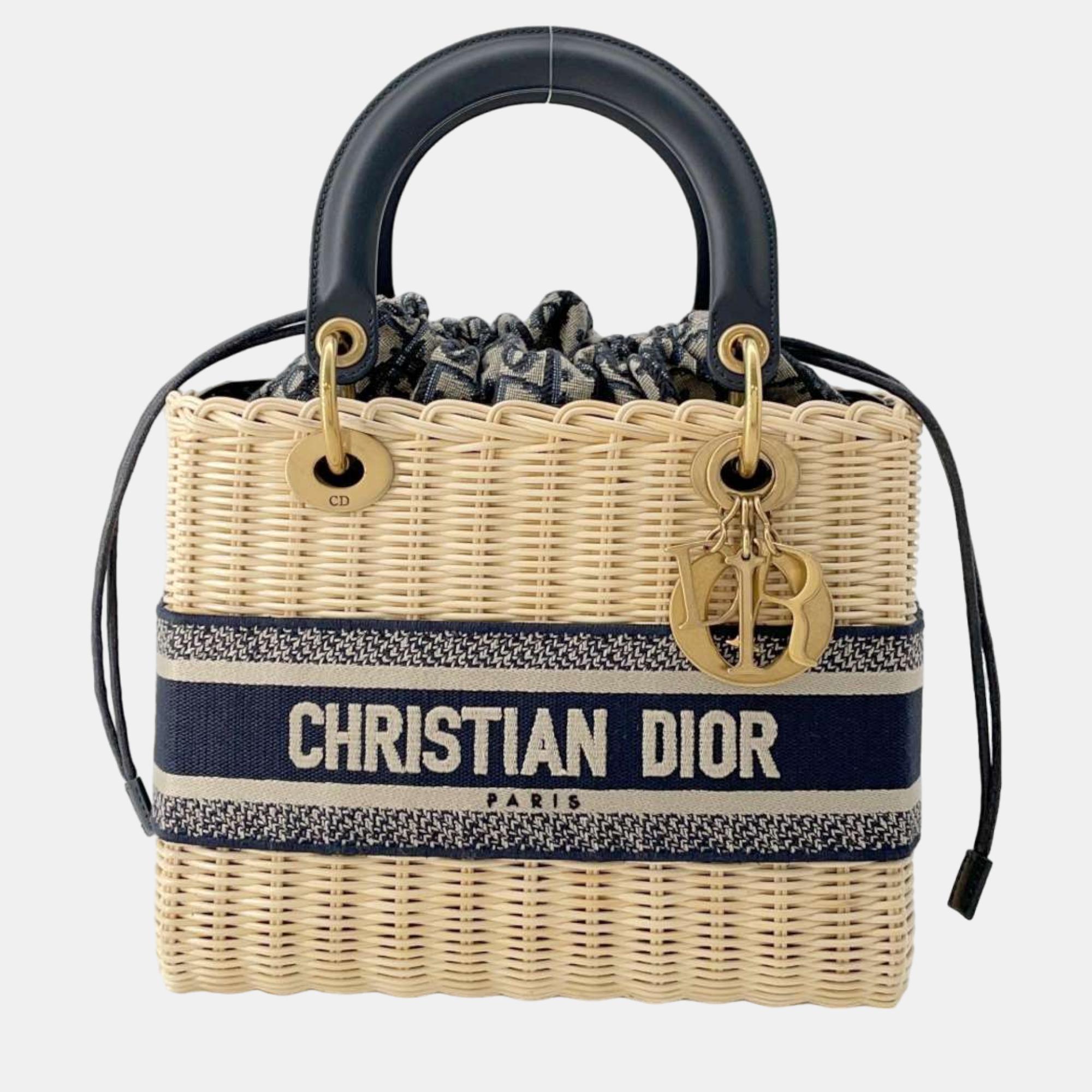 Dior navy blue medium wicker lady dior top handle bag