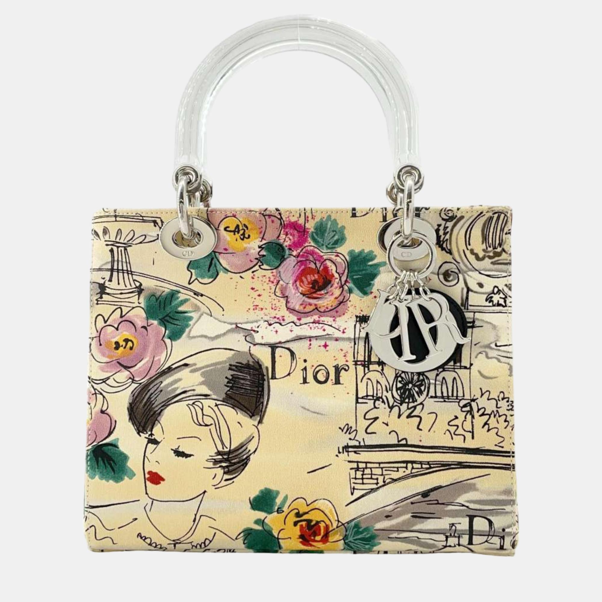Dior beige/multicolor 2005 limited edition canvas/leather lady dior  bag