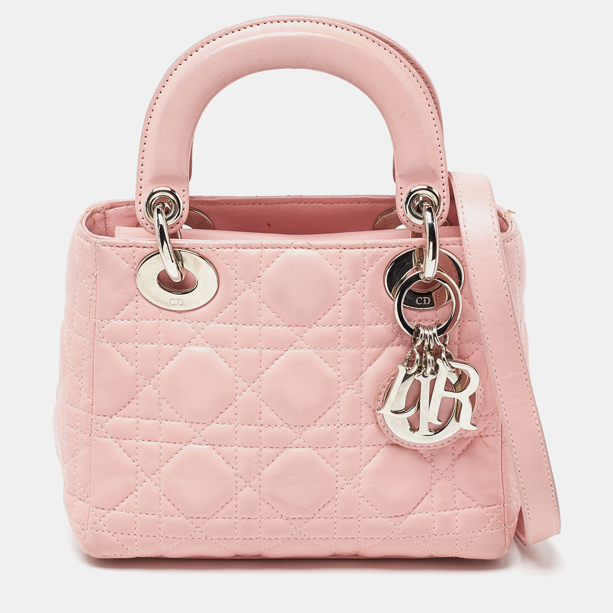 Dior pink cannage leather mini lady dior tote
