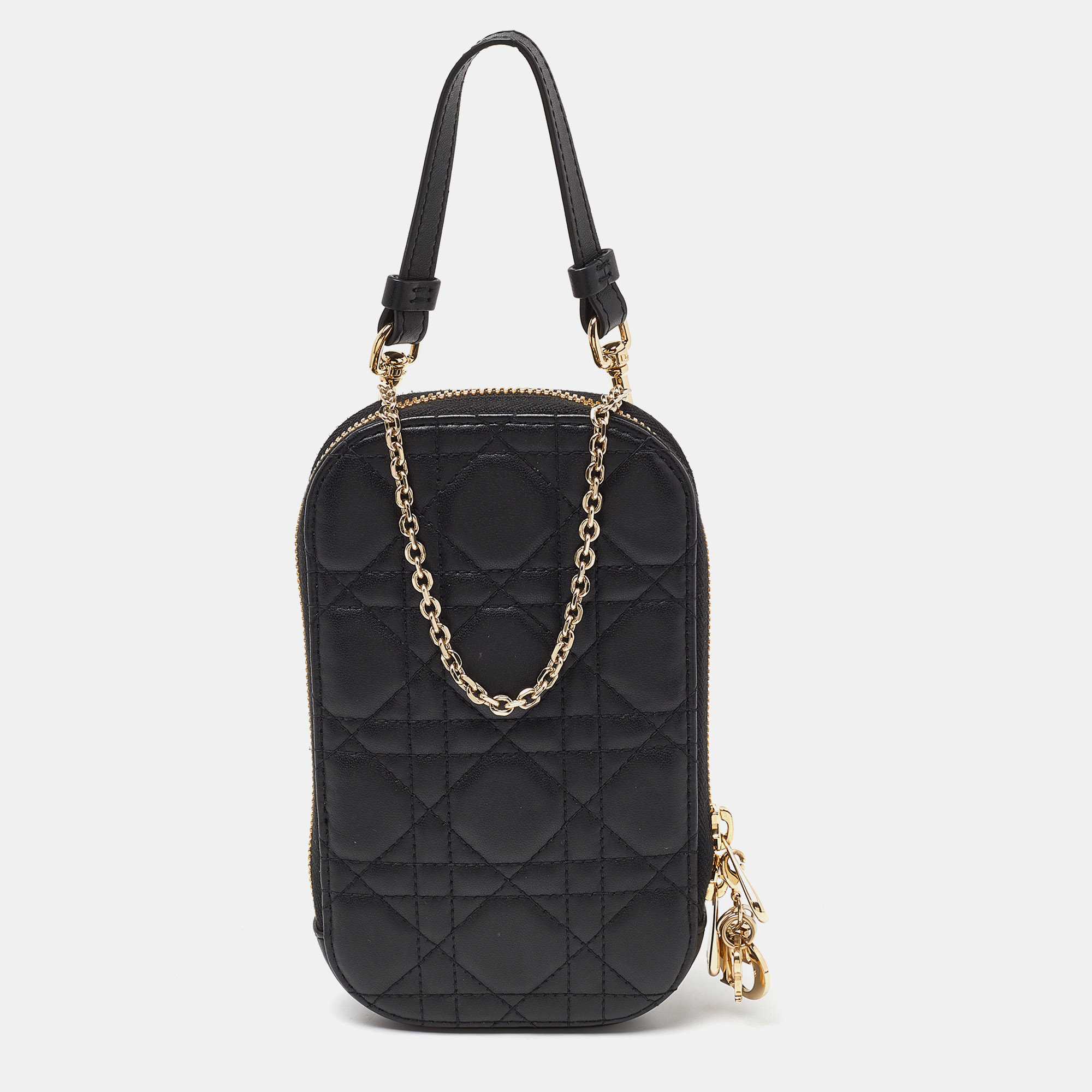 Dior black cannage leather lady dior chain phone holder crossbody bag