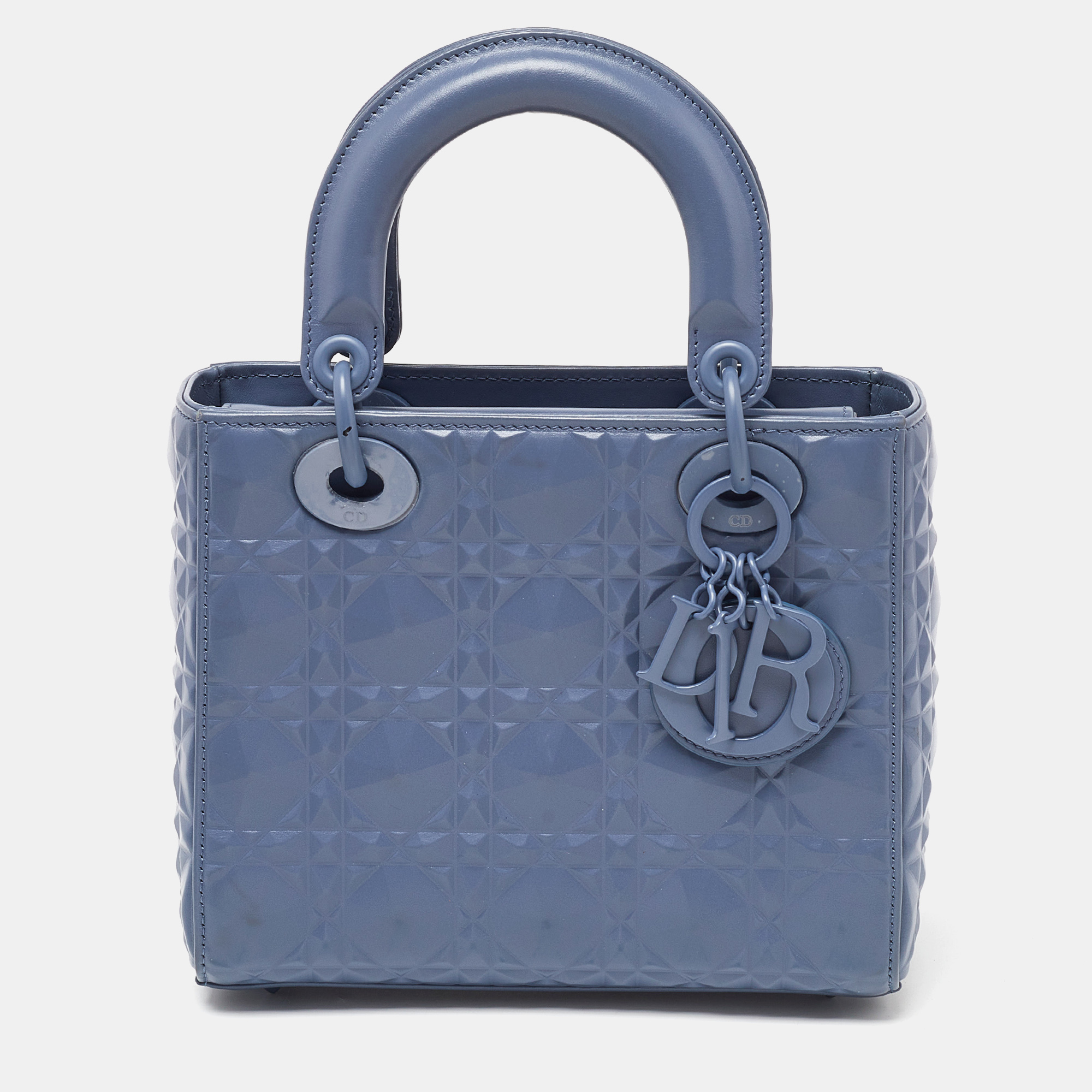 Dior blue diamond cannage leather small lady dior tote