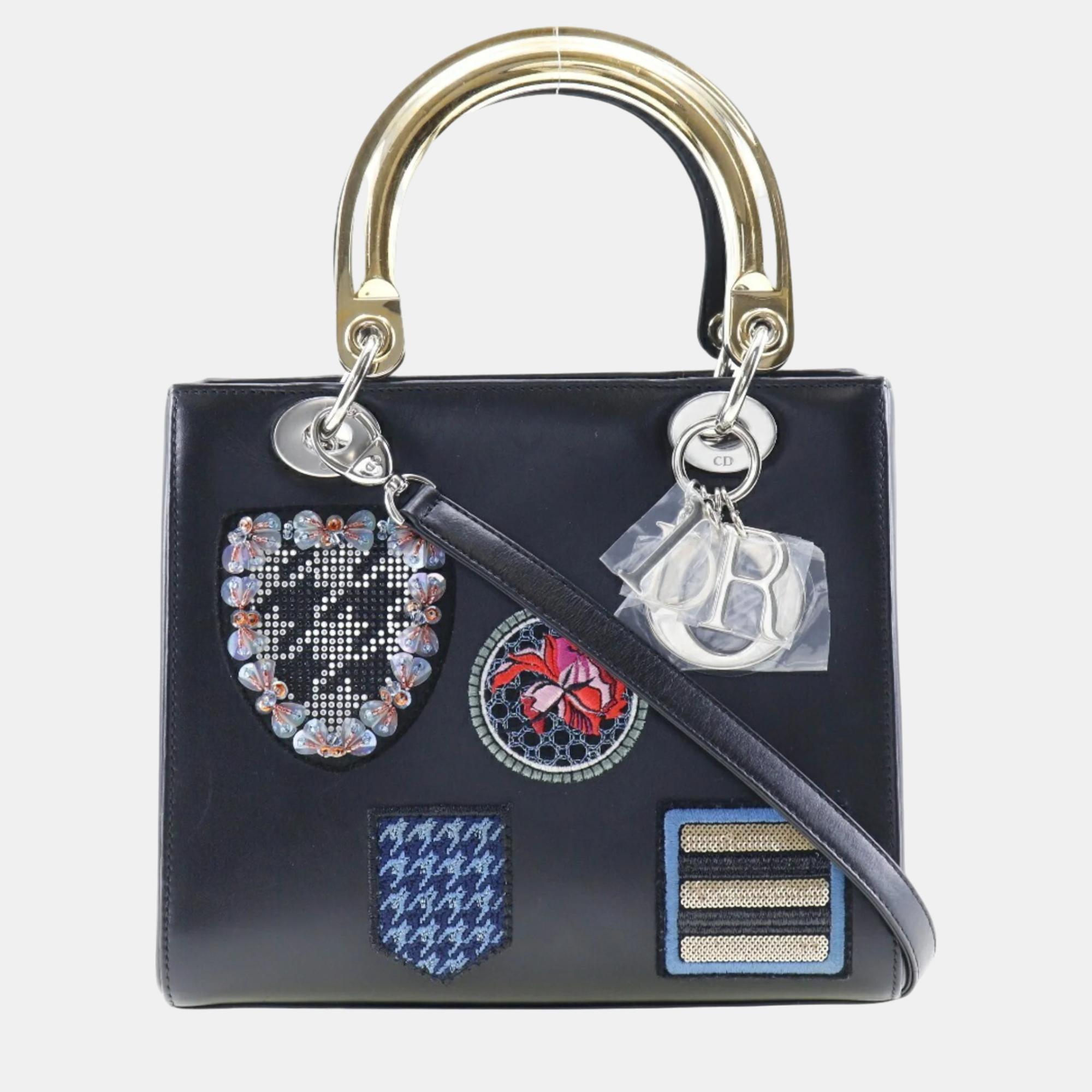 Dior blue leather with embroidered patches mini lady dior tote bag