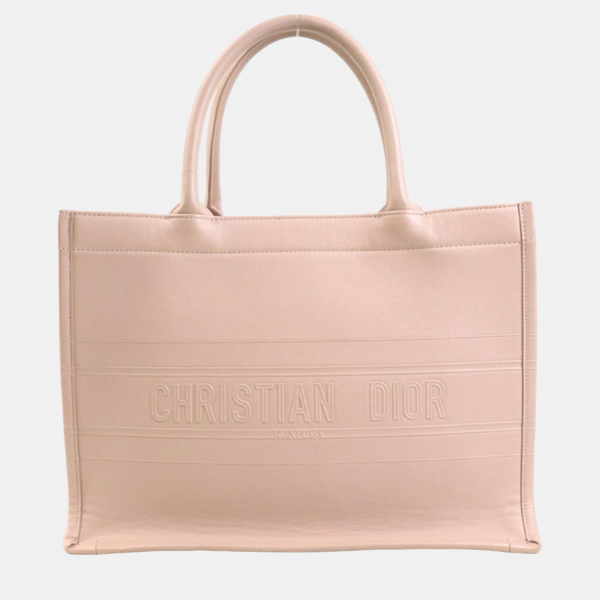 Dior pink leather embossed book tote bag