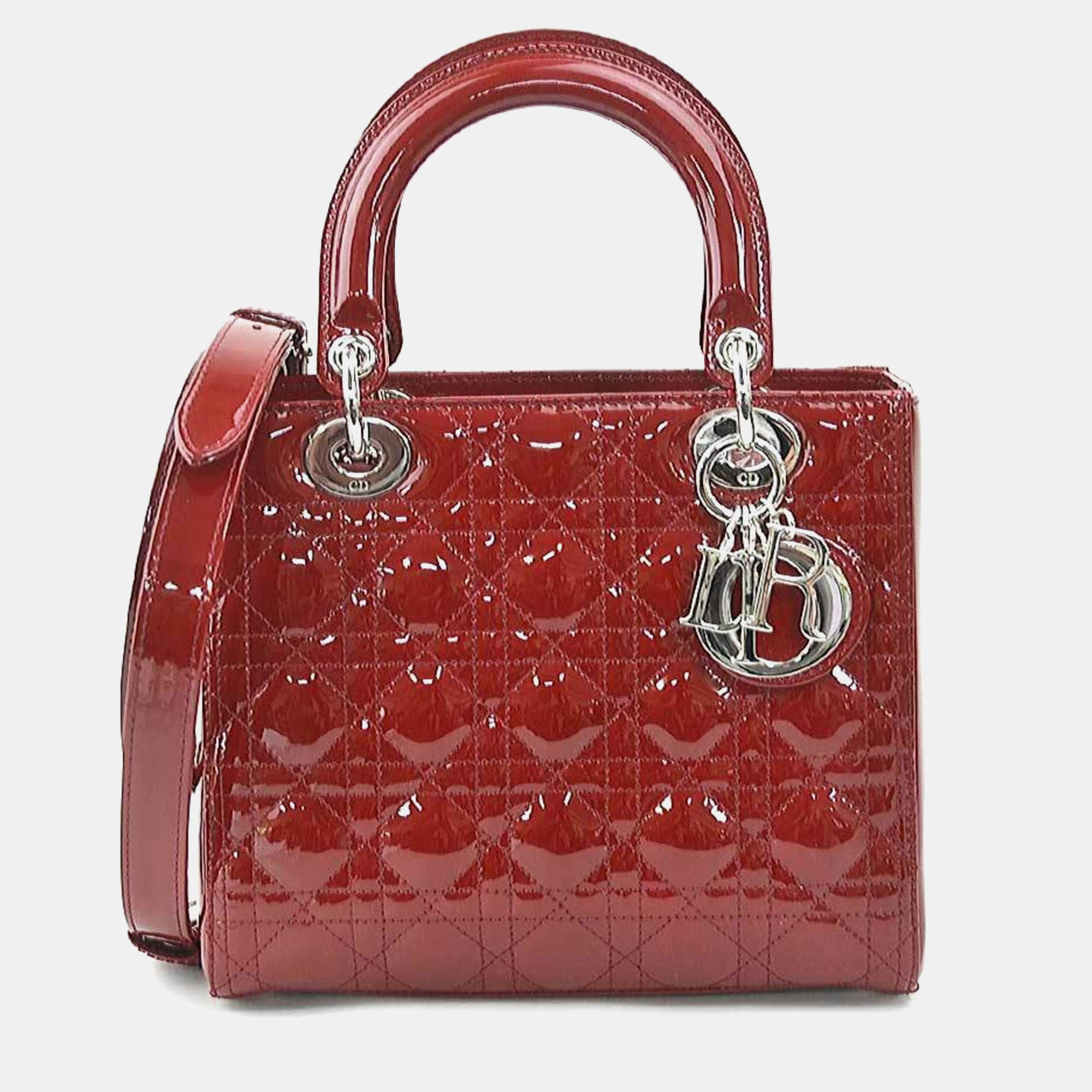 Dior red glazed patent leather medium lady dior tote